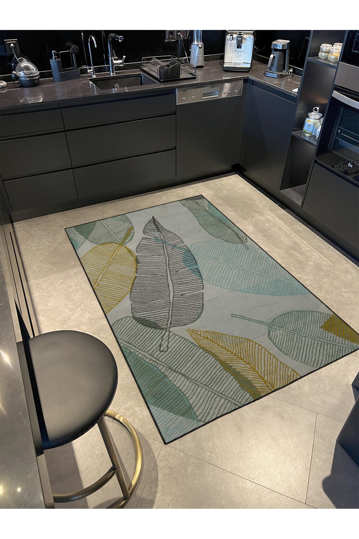 Yeşil ve Gri Renkli Yapraklı Desenli Dokuma Taban Halı miravip313