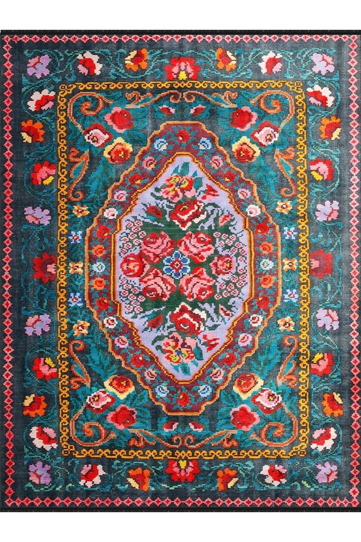 İnci Koleksiyonu Turkuaz Temalı Geleneksel Desenli Dokuma Taban Vintage Dekoratif Halı inci11