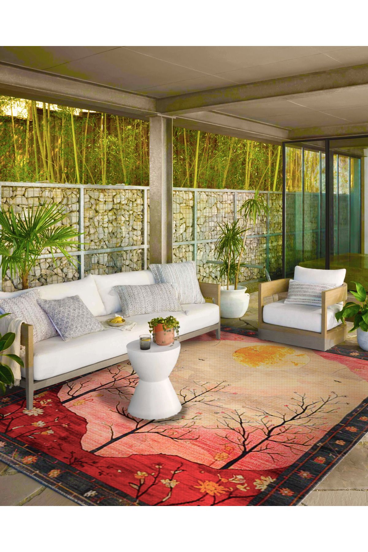 Paris Koleksiyonu Pembe Tonlar Sonbahar Ağaçları ve Ay Desenli Modern Dekoratif Halı 140