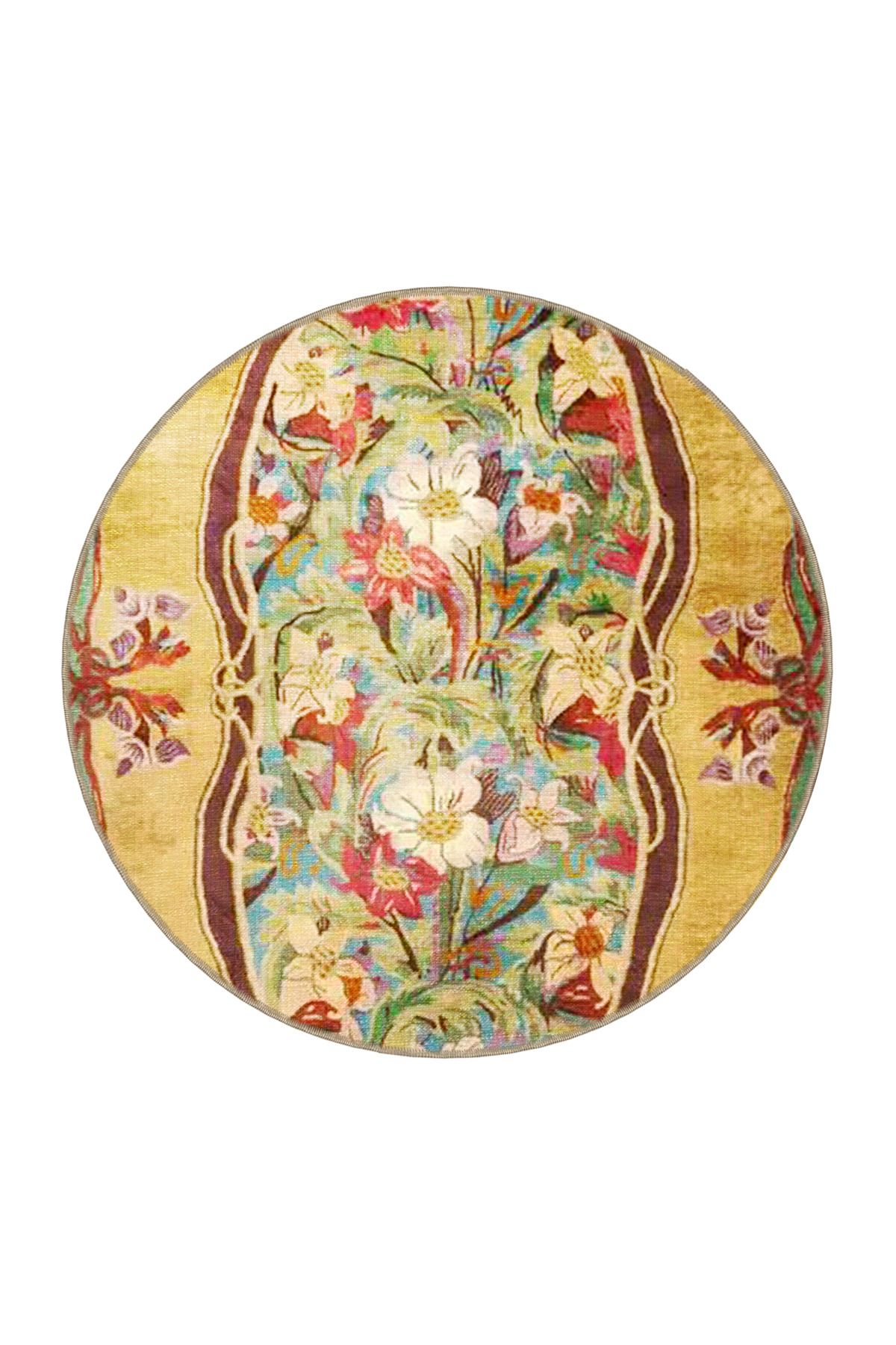 Yeşil Sarı Temalı Floral Çiçek Desenli Vintage Dekoratif Halı 3821