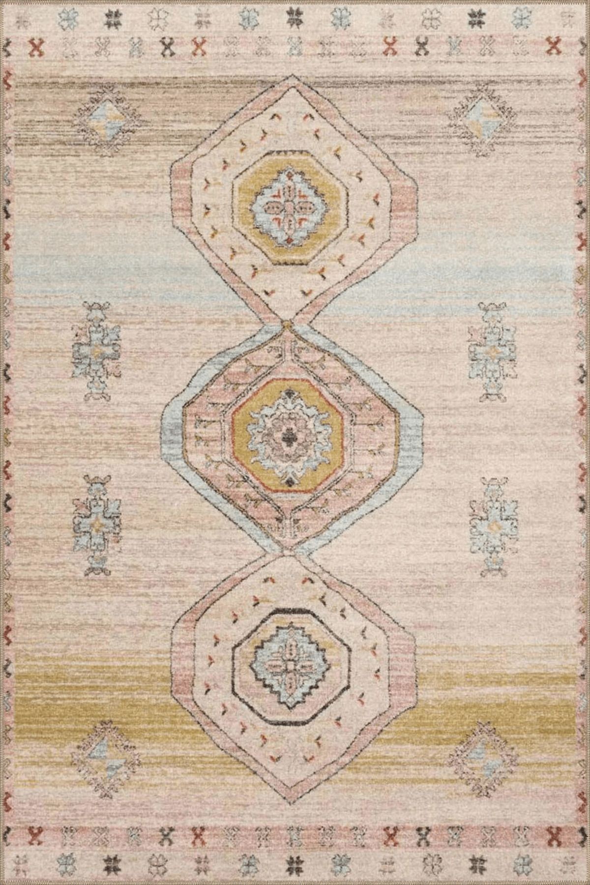 Bej Temalı Geleneksel Motif Desenli Vintage Dekoratif Halı 4782