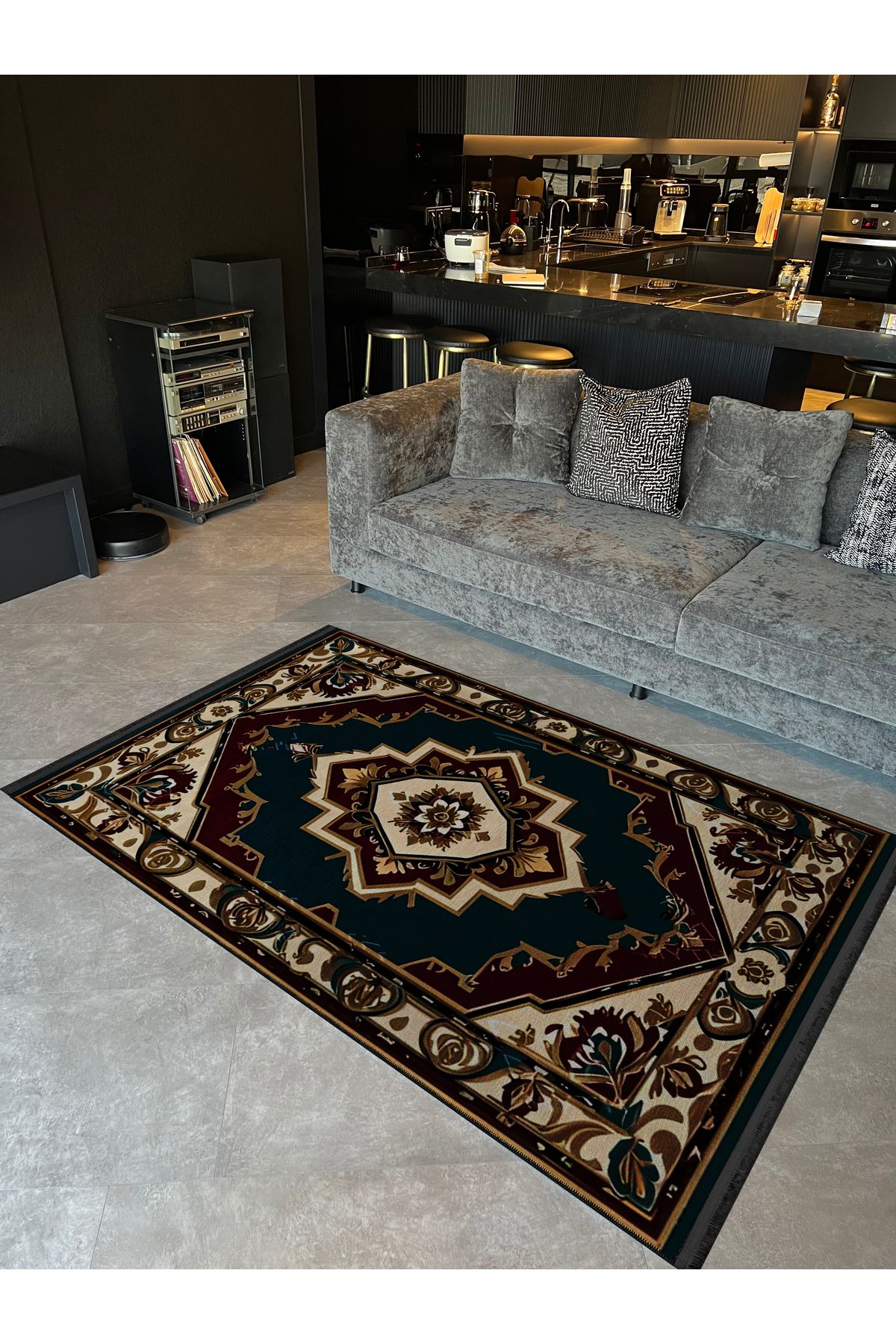 Yeşil Antik Tasarım Serisi Bordo ve Bej Detaylı Desenli Vintage Dekoratif Halı antik27