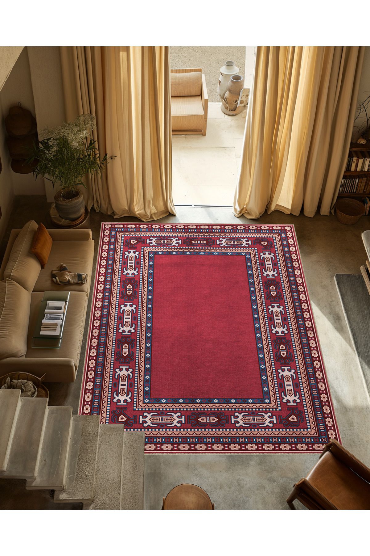 Bordo Temalı Geleneksel Motif Etnik Desenli Vintage Dekoratif Halı 3322