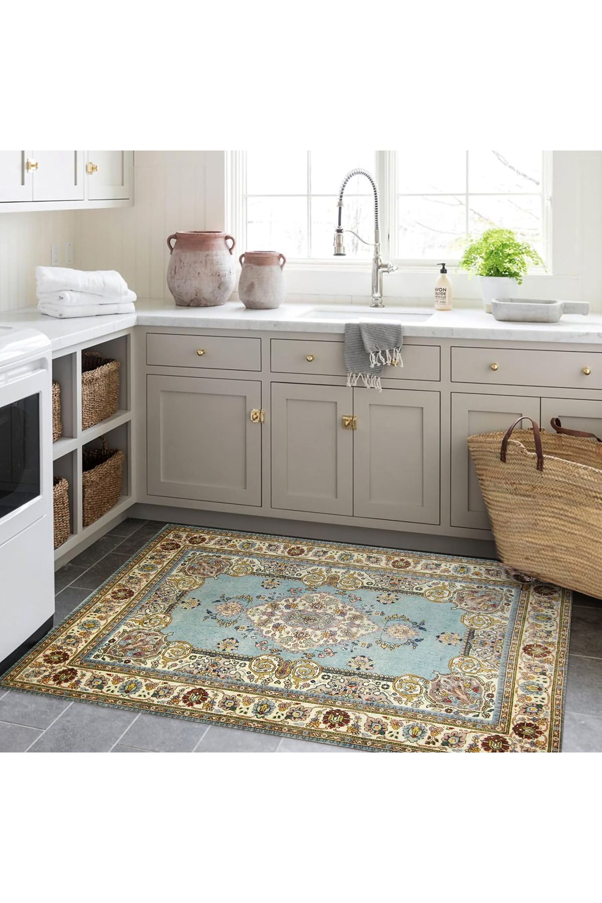 Mete Koleksiyonu Mavi ve Bej Temalı Geleneksel Motif Desenli Vintage Dekoratif Halı 03