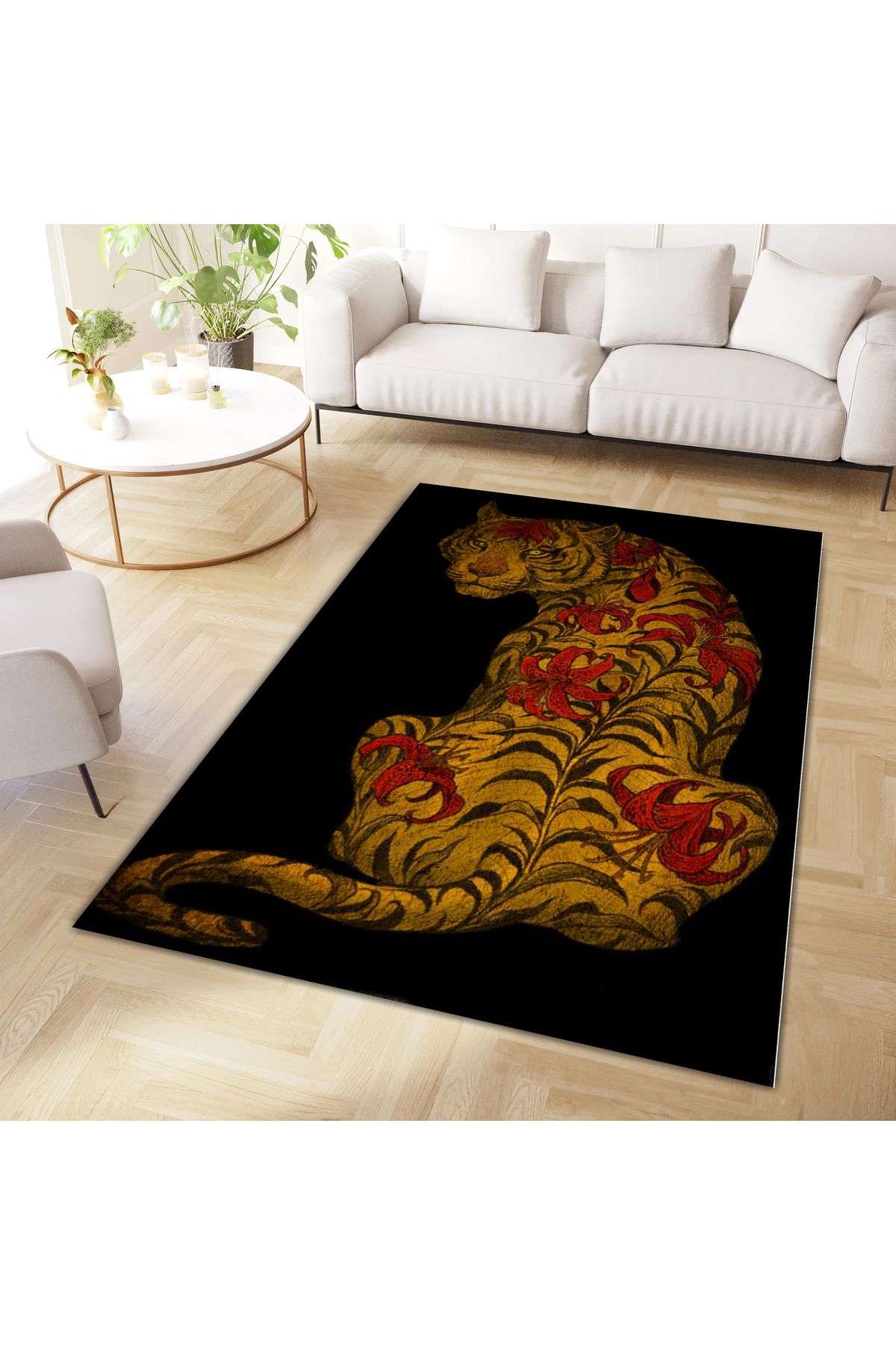 Kuzey Koleksiyonu Kırmızı Çiçek Detaylı Kaplan Desenli Dokuma Taban Dekoratif Halı kuzey18
