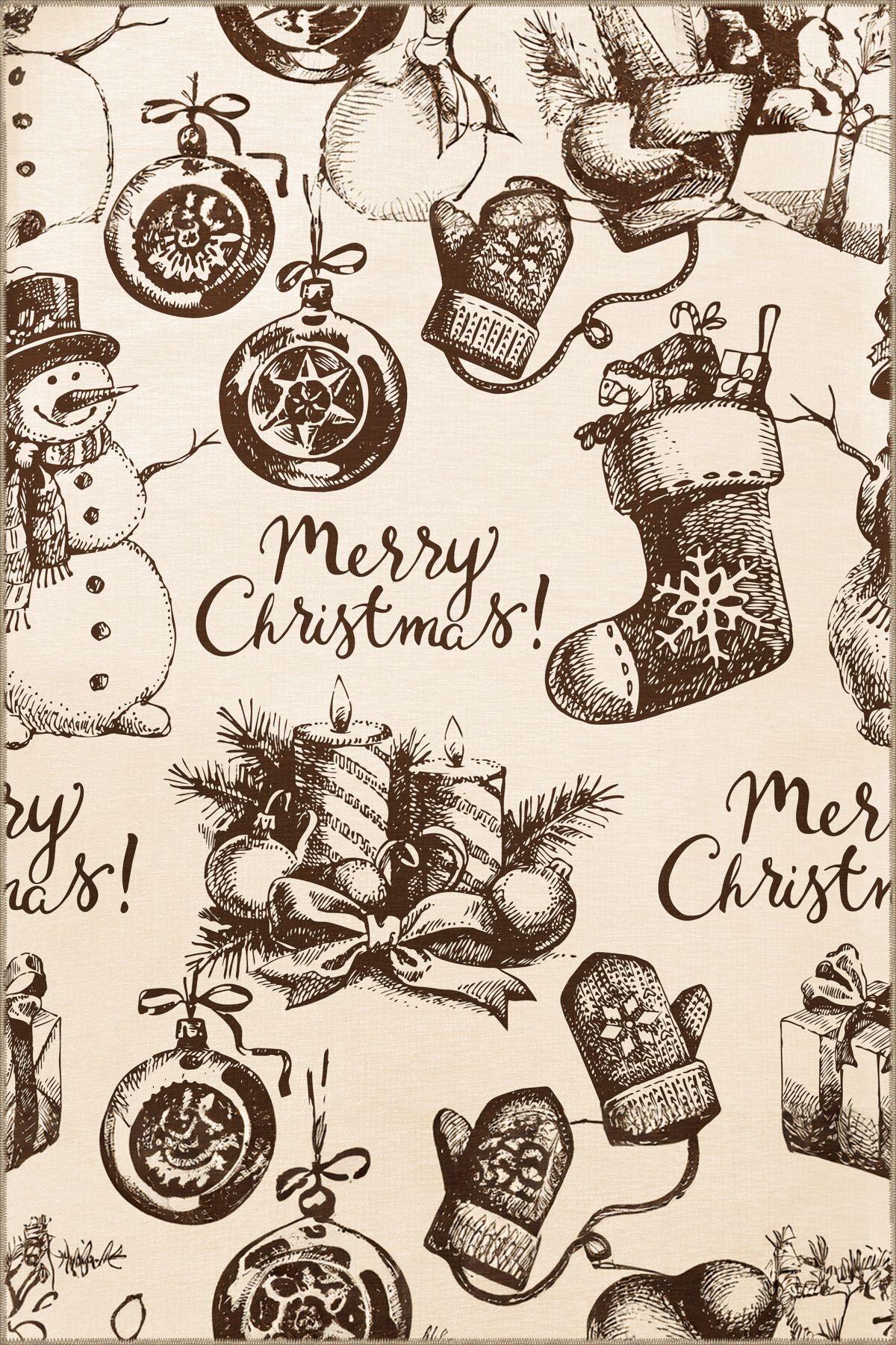Gri Bej Yılbaşı Temalı Merry Christmas Yazılı Karma Şekil Desenli Modern Dekoratif Halı 2229