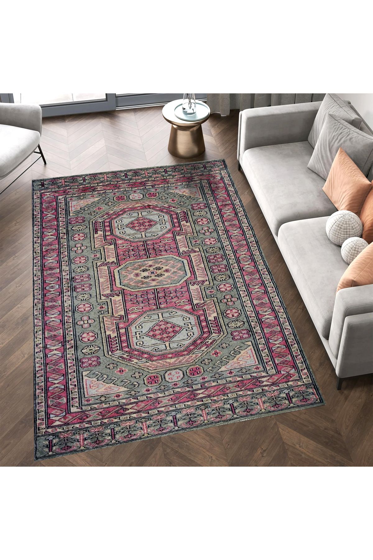 Asena Koleksiyonu Yeşil ve Pembe Temalı Geleneksel Motif Desenli Vintage Dekoratif Halı 02