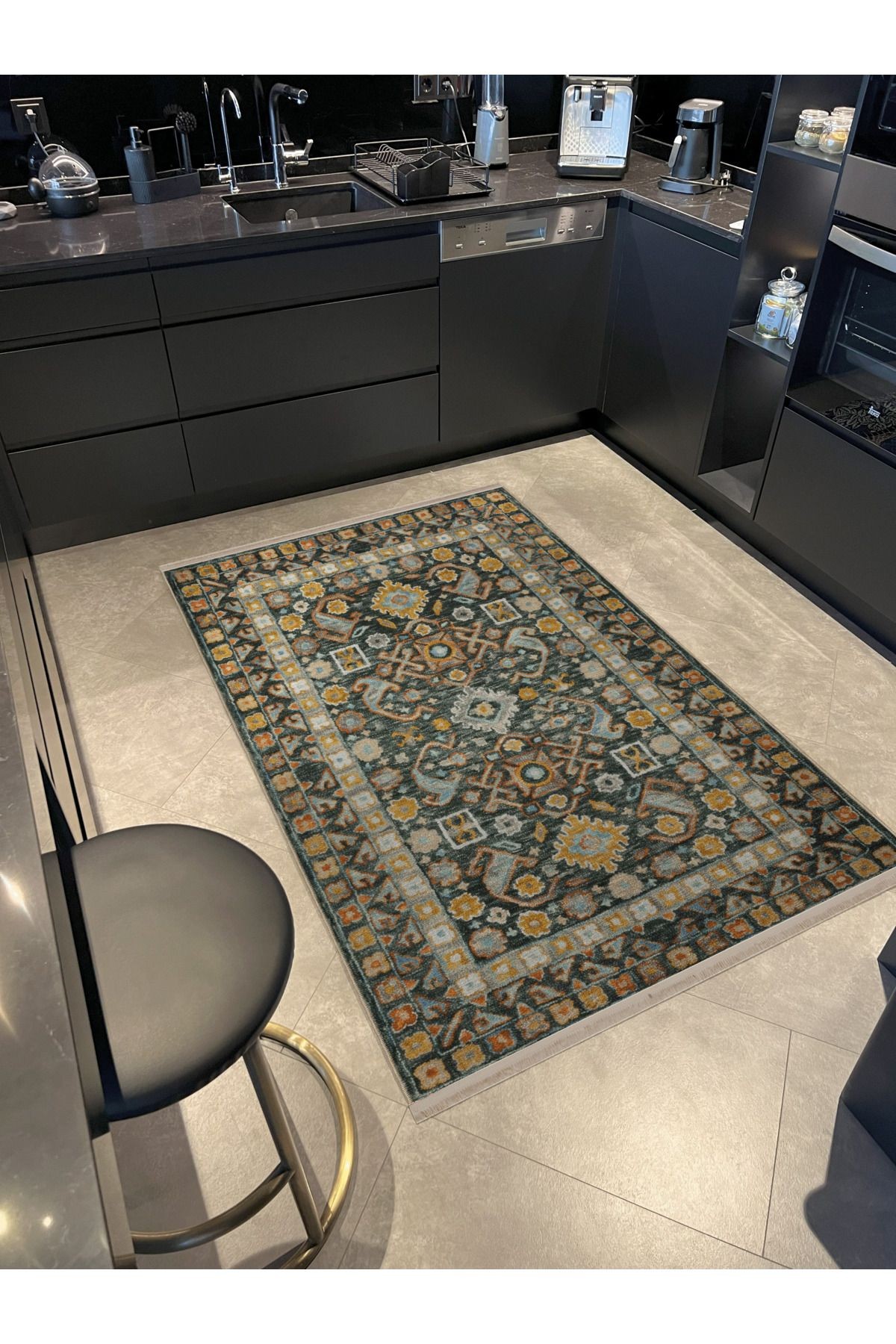 Sarı Yeşil Temalı Çok Renkli Geleneksel Motif Çiçek Desenli Vintage Dekoratif Halı 2901
