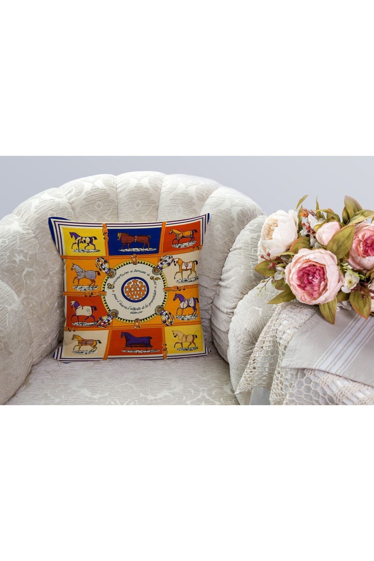 Kırlent Sarı Mavi Turuncu Krem Atlar Temalı Kırlent Kılıfı Pillow45