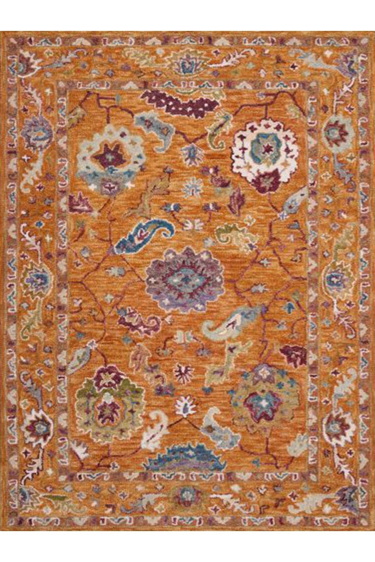 İnci Koleksiyonu Turuncu Tema Motifli Etnik Desenli Dokuma Taban Vintage Dekoratif Halı inci48