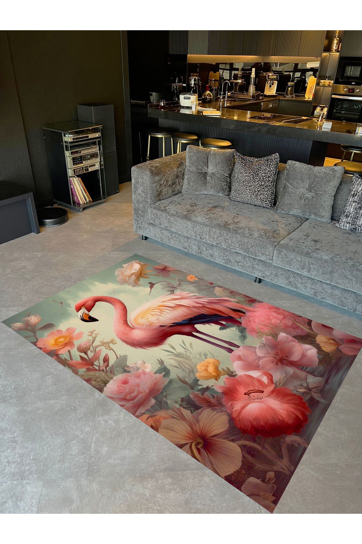 Kubilay Koleksiyonu Çok Renkli Çiçek Detaylı Flamingo Desenli Dokuma Taban Modern Dekoratif Halı 26