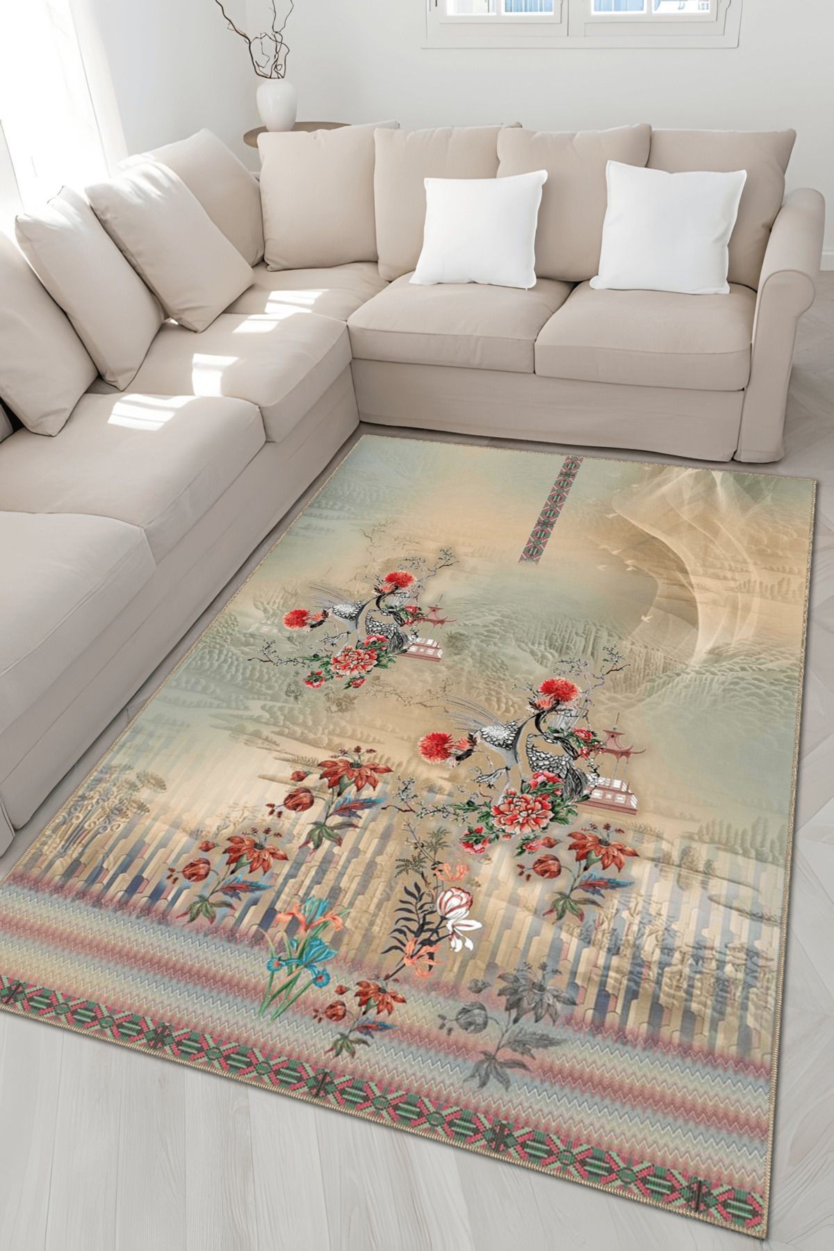 Floral Temalı Çok Renkli Soyut Motifler Çiçek ve Bulut Desenli Modern Dekoratif Halı 4858