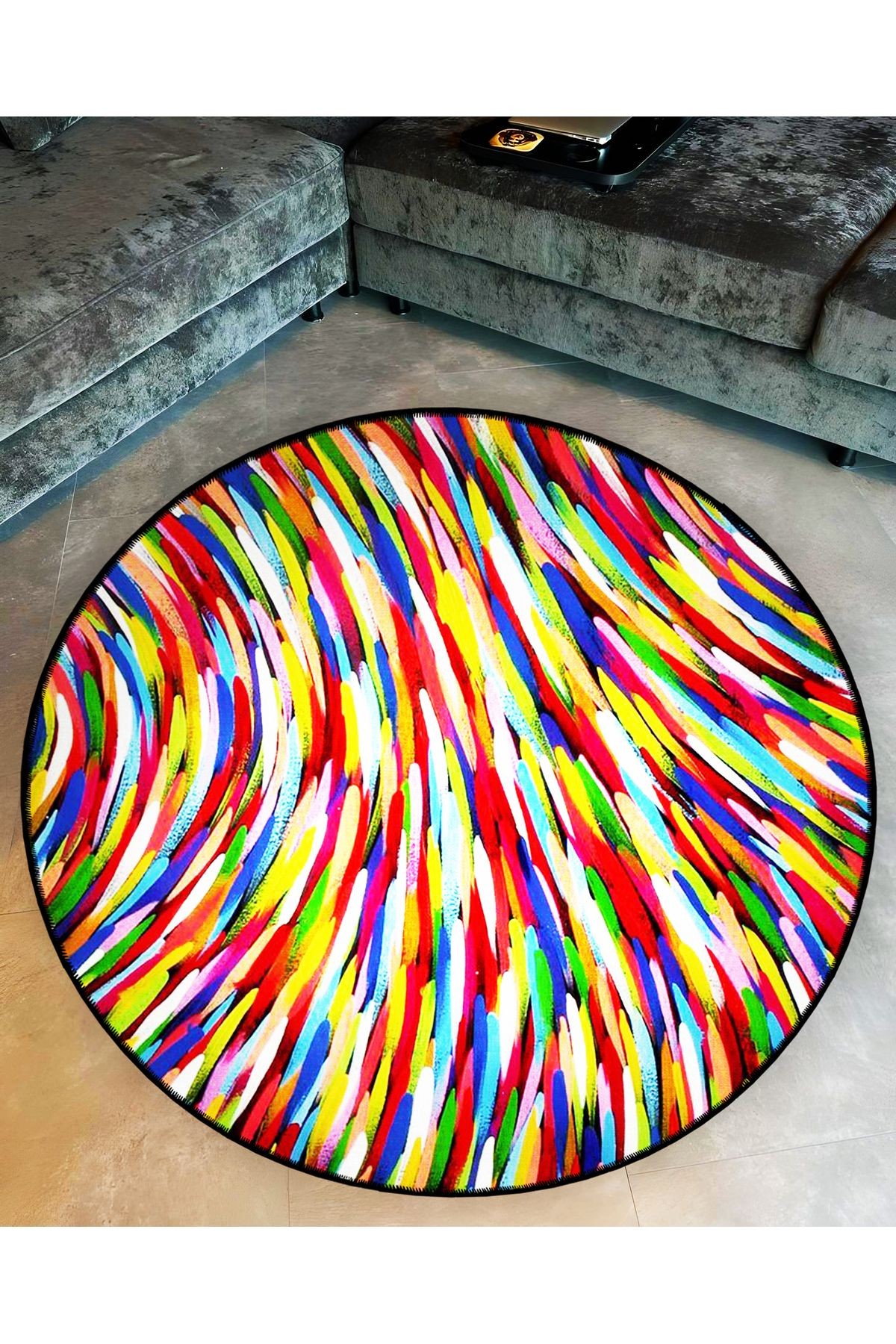 Mira Yuvarlak Çok Renkli Kalın Çizgiler Desenli Dokuma Taban Modern Dekoratif Halı 5793