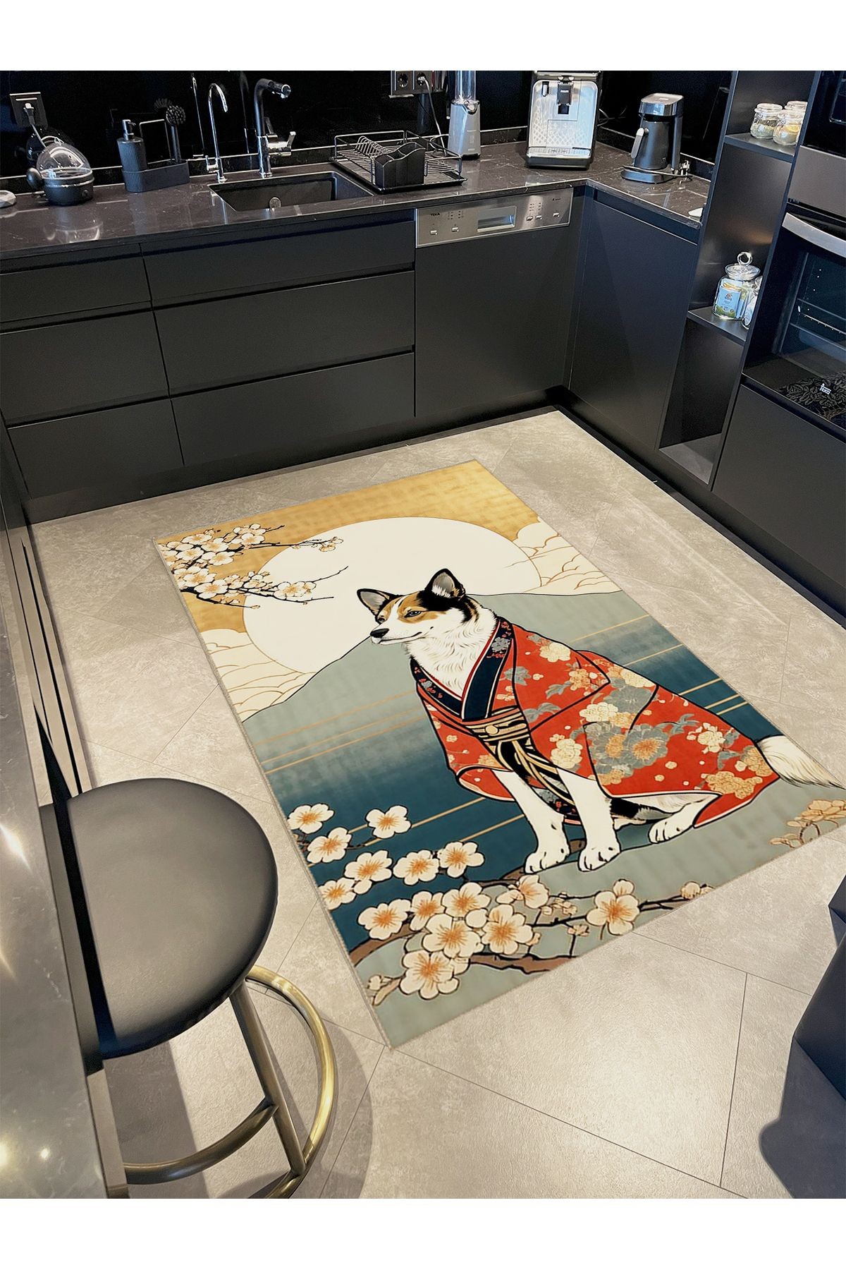 Tuğrul Koleksiyonu Güneş ve Kimono Giyen Köpek Desenli Dokuma Taban Modern Dekoratif Halı 36