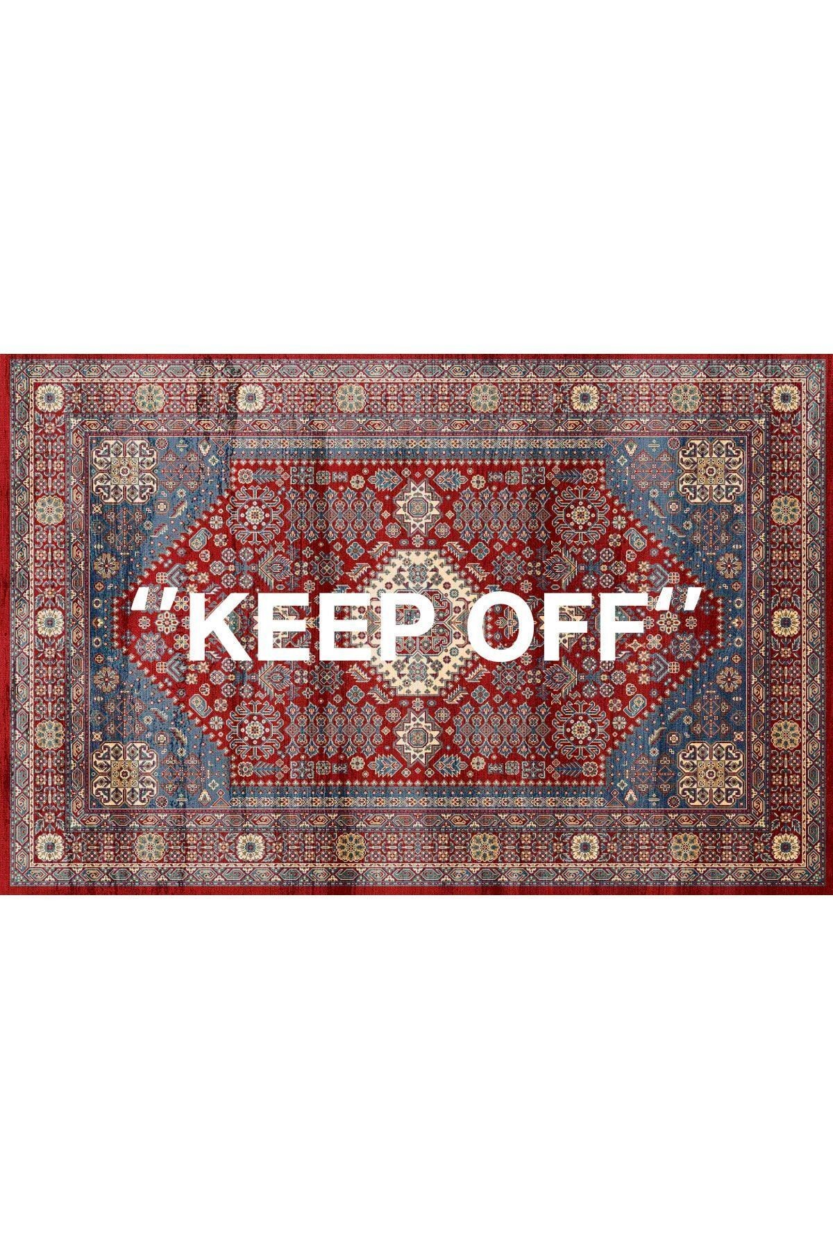 Mira 1134 Kırmızı Vintage Iran Halısı Temalı Keep Off Yazılı Dokuma Taban Halı