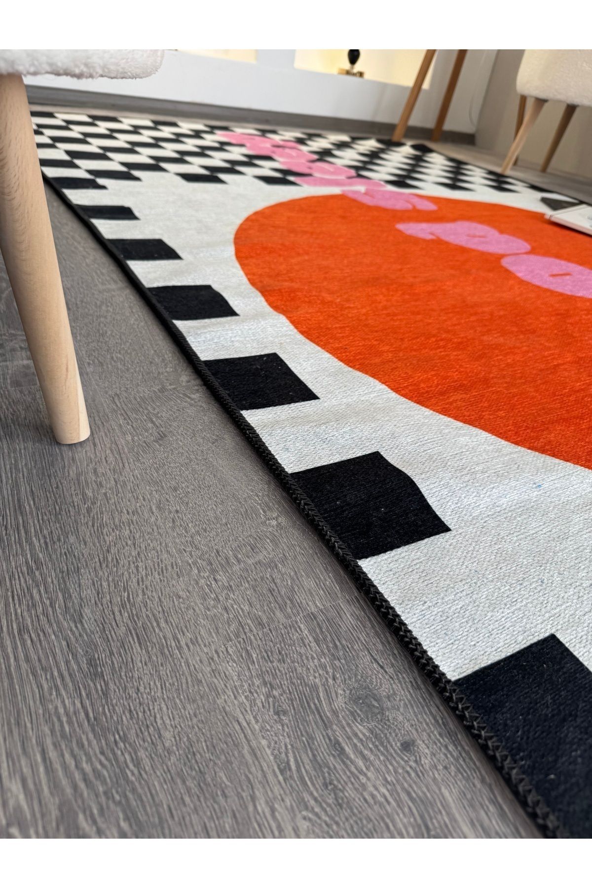 Opal Pembe Good Sleep Yazı Ve Dama Detaylı Dokuma Taban Modern Dekoratif Halı Opal08