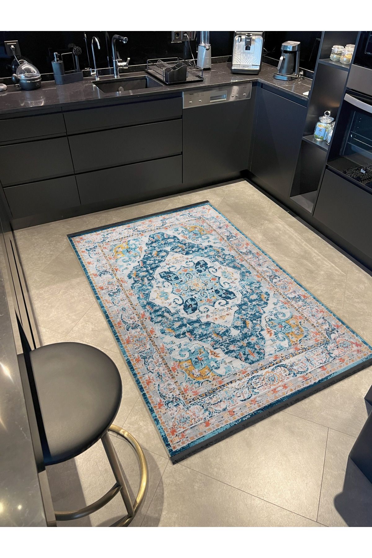 Turuncu Mavi Temalı Geleneksel Motif Etnik Desenli Vintage Dekoratif Halı 2023