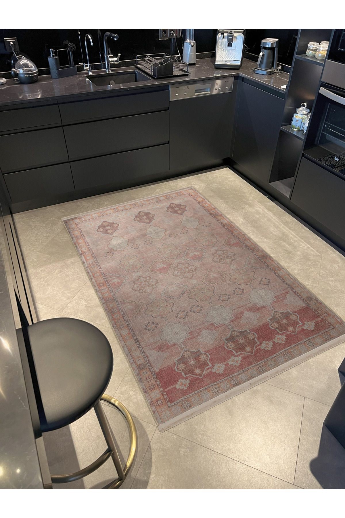 Pudra Temalı Geleneksel Motif Çiçek Desenli Kreatif Vintage Dekoratif Halı 3008