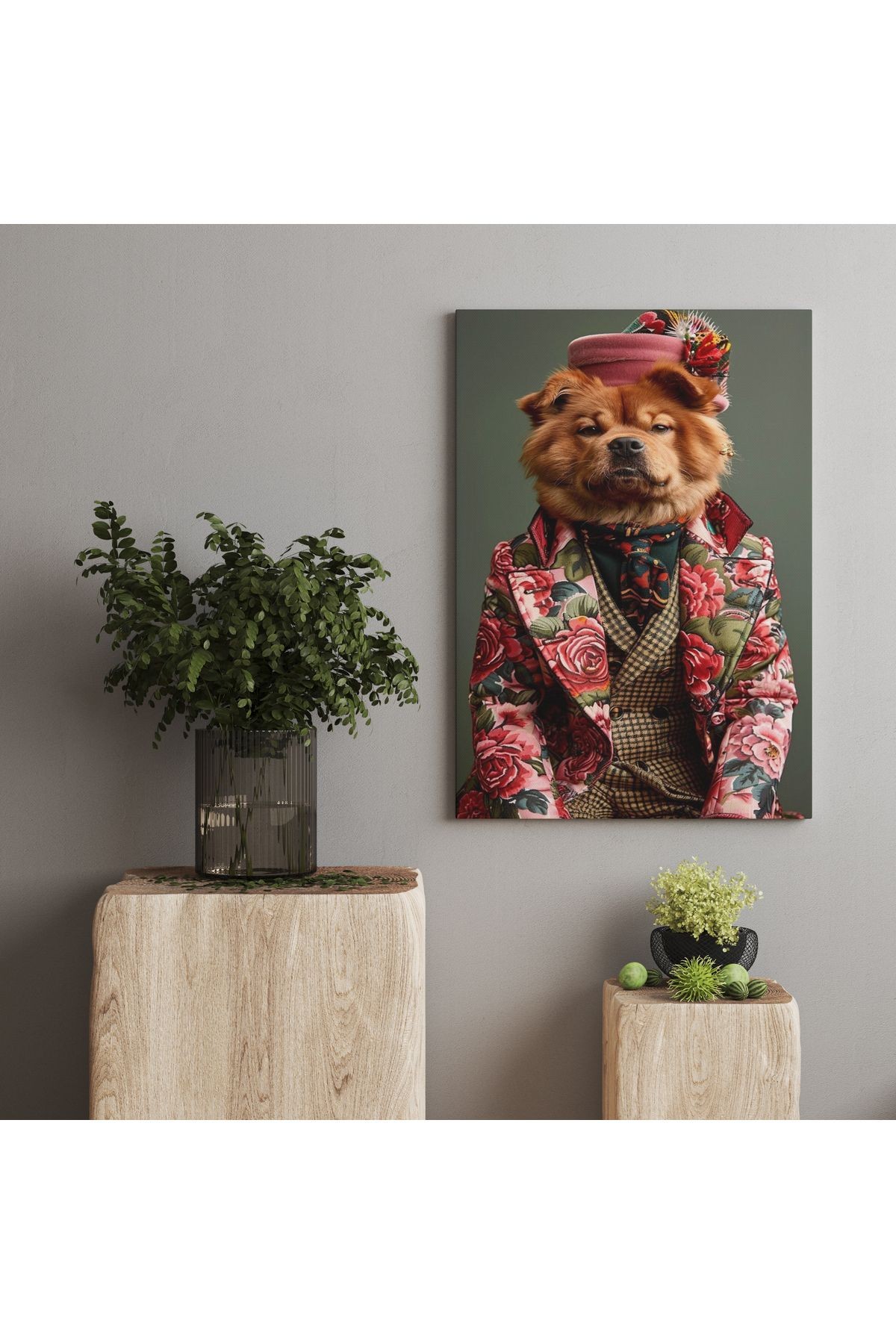 Kanvas Tablo Çiçekli Ceket ve Şapka Detaylı Köpek Desenli tablo5009