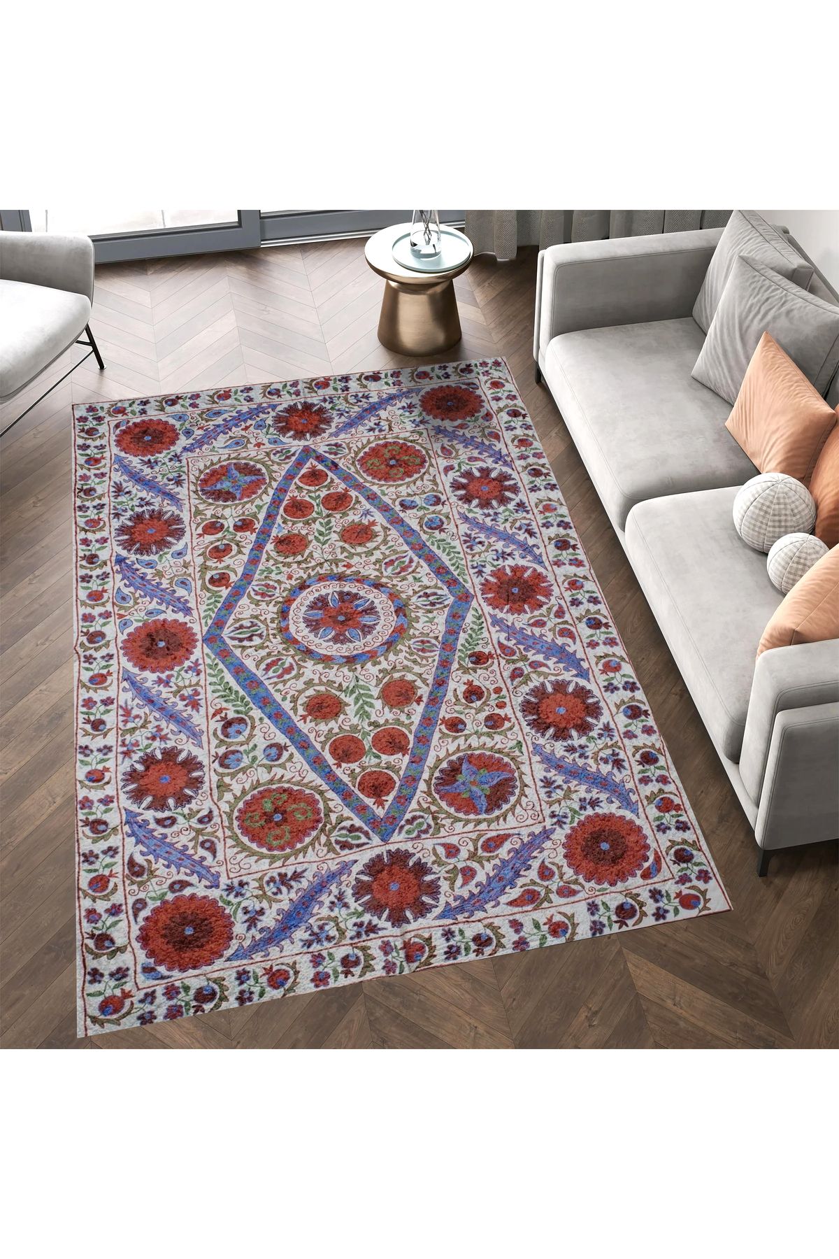 Mete Koleksiyonu Çok Renkli Floral Çiçek Motifleri Desenli Vintage Dekoratif Halı 42