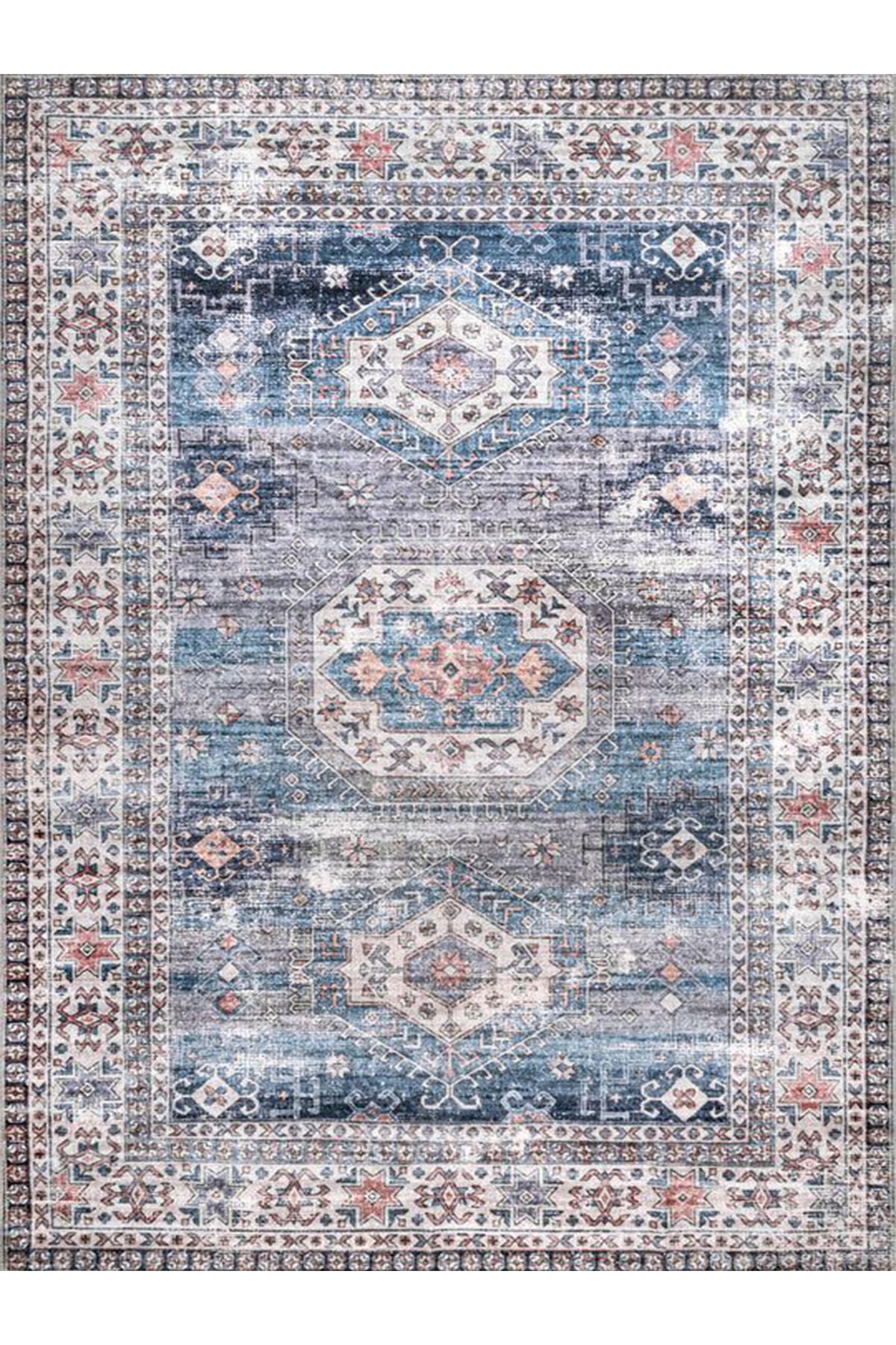 Asena Koleksiyonu Mavi Temalı Geleneksel Motif Bohem Tarzı Desenli Vintage Dekoratif Halı 28