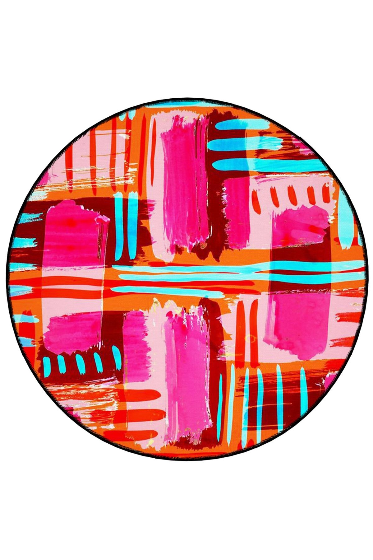 Pembe Temalı Soyut Geometrik Desenli Yuvarlak Dokuma Taban Modern Dekoratif Halı 6101