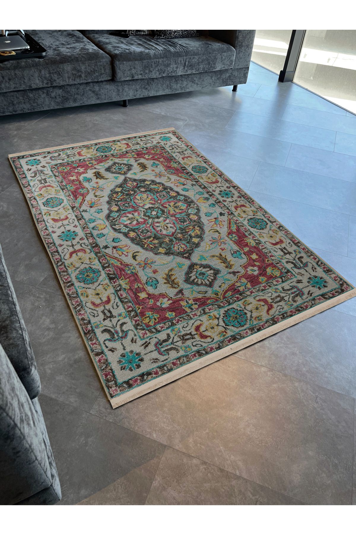 Bej Mavi Temalı Geleneksel Motif Etnik Çiçek Desenli Kreatif Vintage Dekoratif Halı 2847