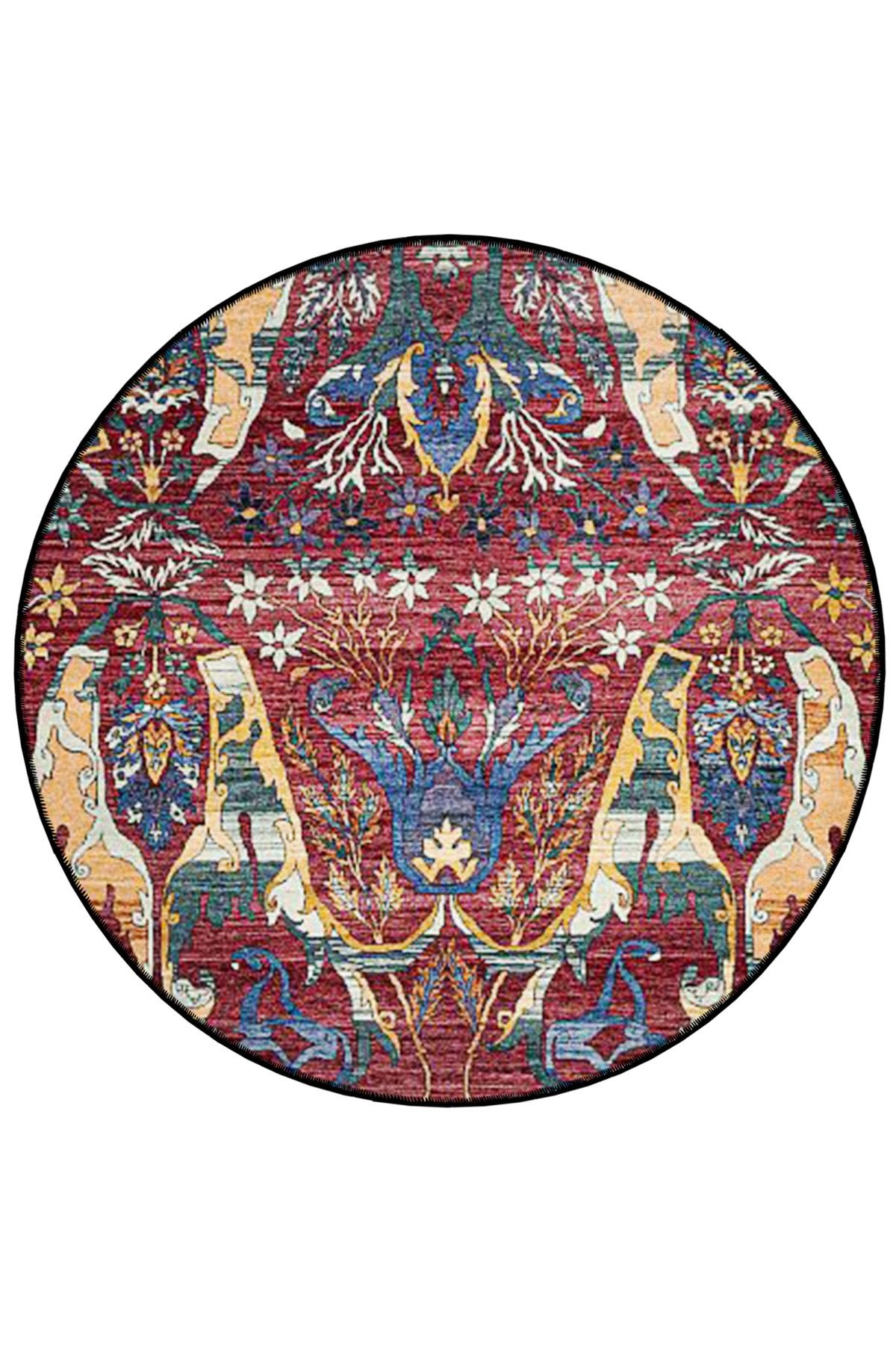 Bordo Tema Çiçekli Geleneksel Desenli Yuvarlak Dokuma Taban Vintage Dekoratif Halı 6106