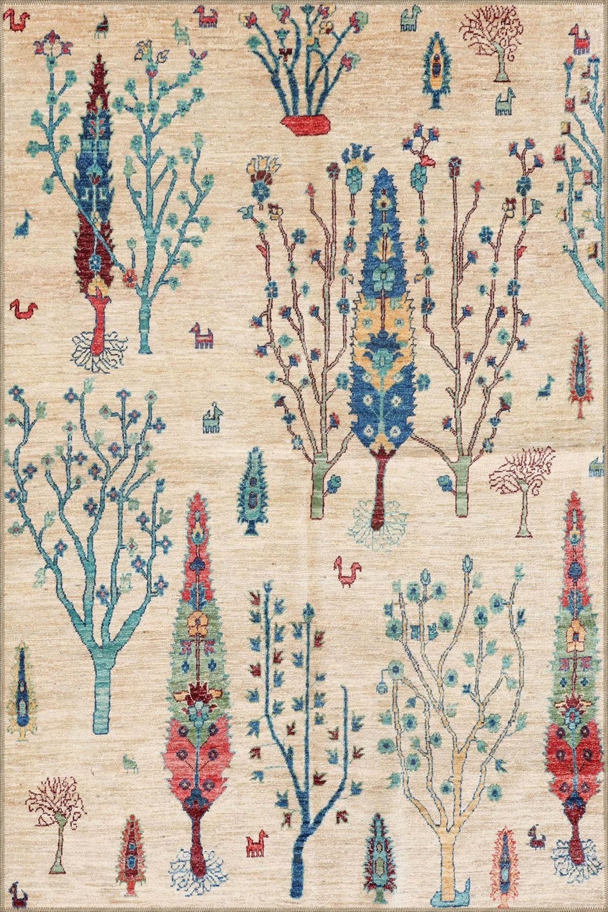 Krem Çiçekli Geleneksel Botanik Temalı Desenli Dokuma Taban Halı ve Yıkanabilir Halı aloha6