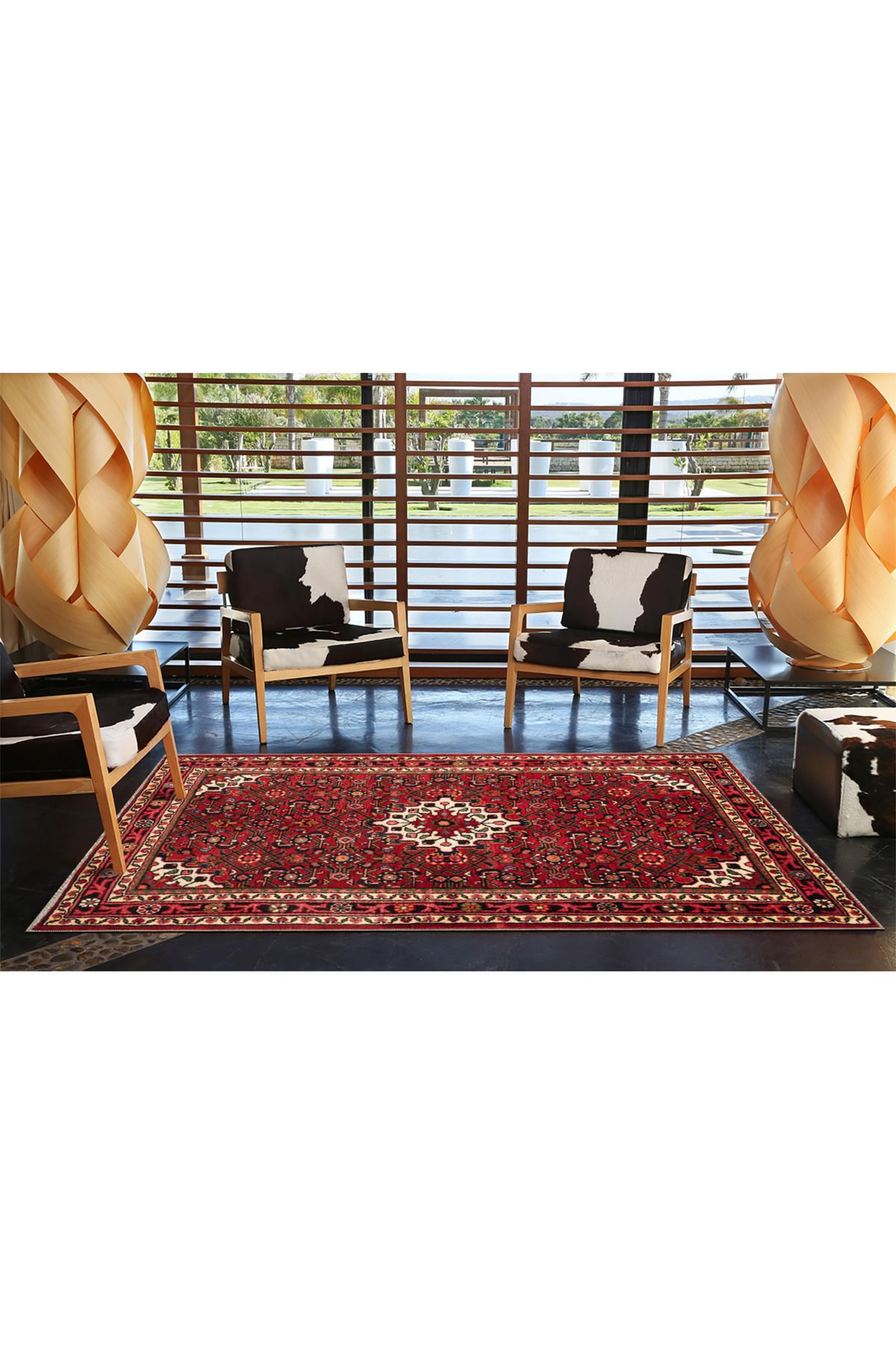 Kırmızı Beyaz Geleneksel Desenli Modern Dekoratif Halı 4476