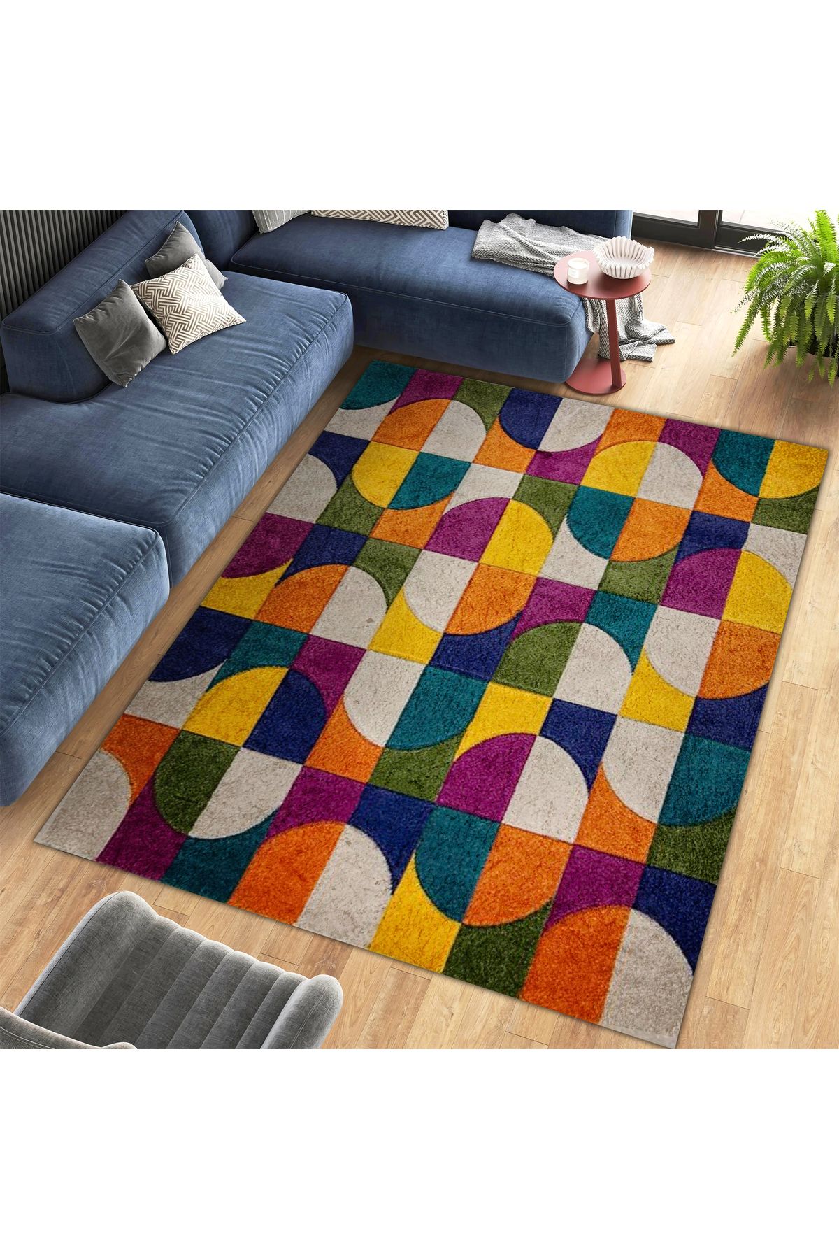 Kuzey Koleksiyonu Çok Renkli Şekiller Dokuma Taban Dekoratif Halı kuzey01