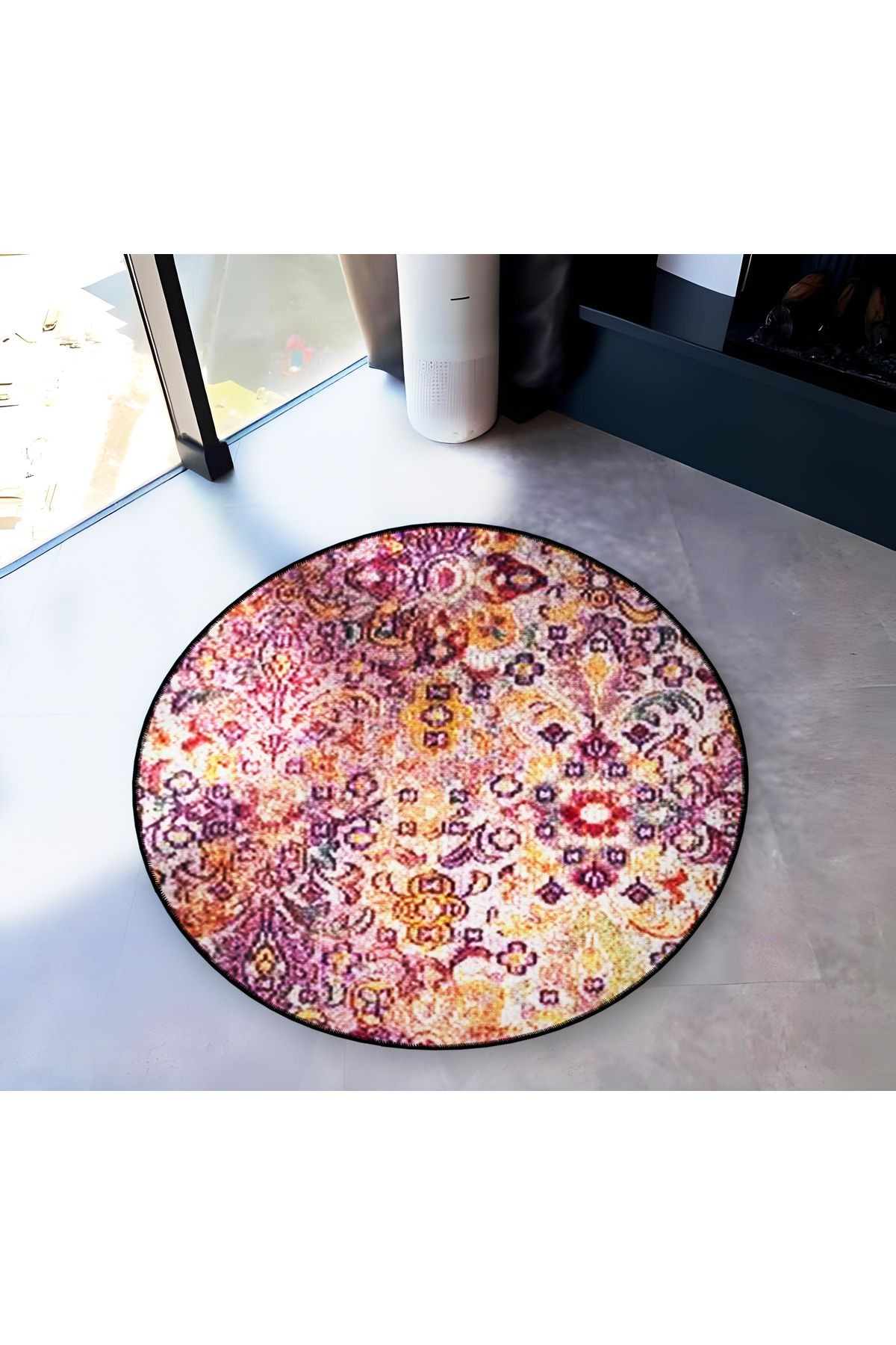 Çok Renkli Etnik Motif  Desenli Yuvarlak Dokuma Taban Vintage Dekoratif Halı 6156