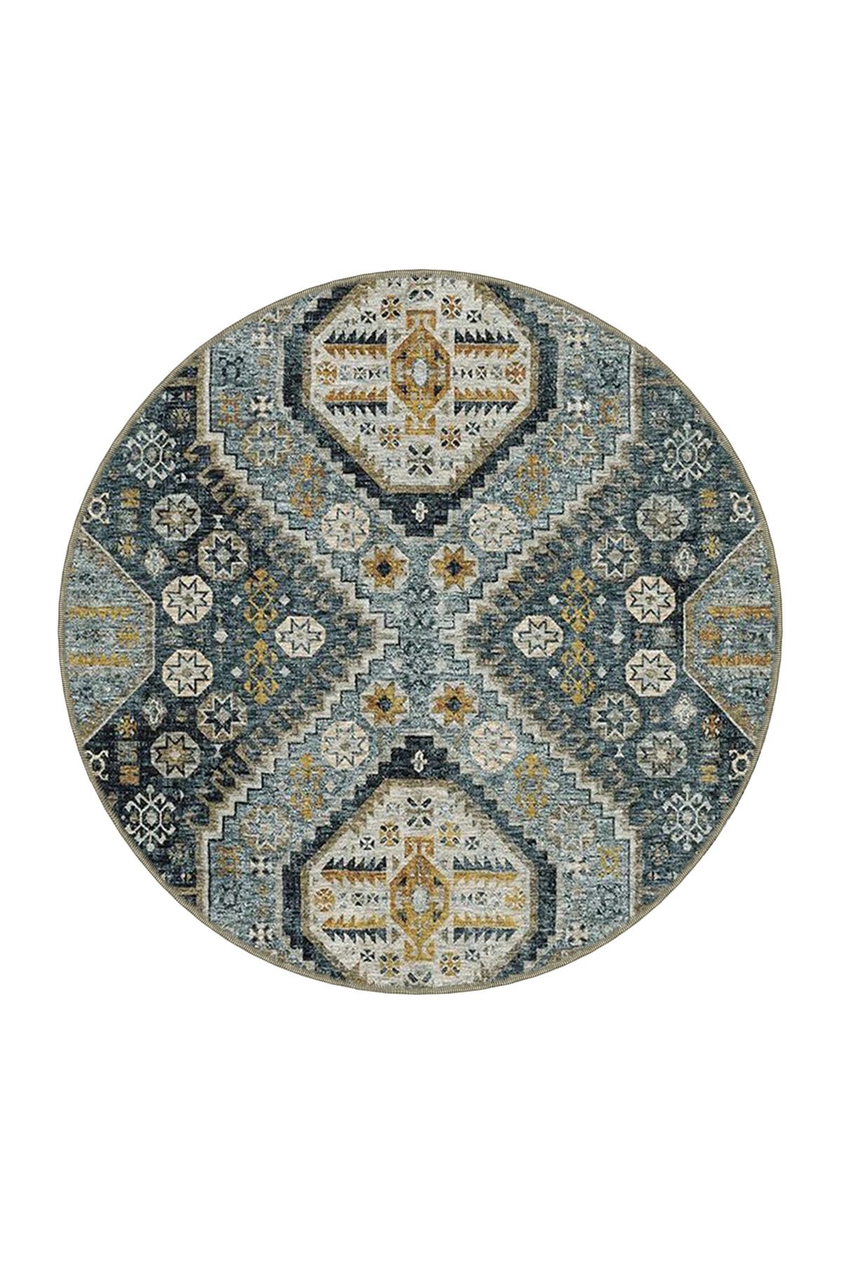 Mavi Sarı Ton Geleneksel Motif Etnik Desenli Vintage Dekoratif Halı 3976