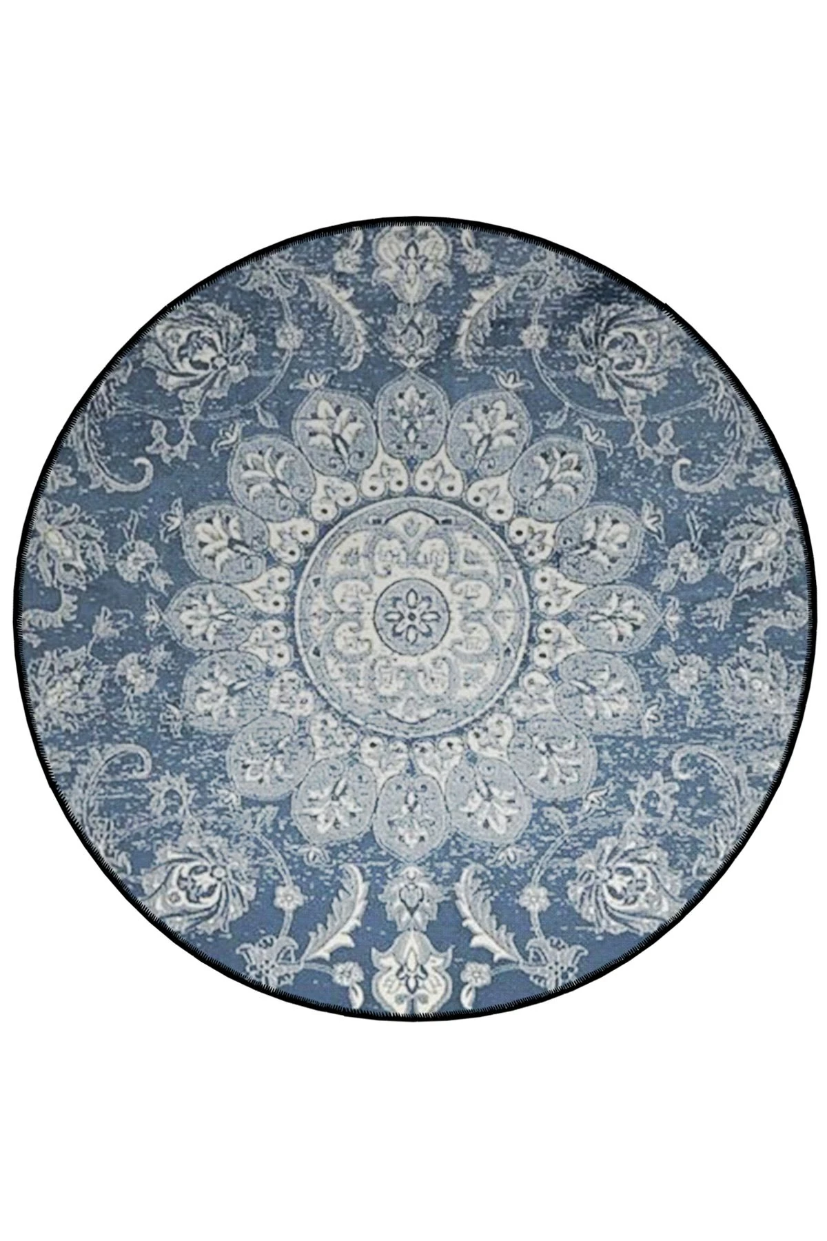 Mavi Temalı Etnik Motifli Geleneksel Desenli Yuvarlak Dokuma Taban Vintage Dekoratif Halı 6124