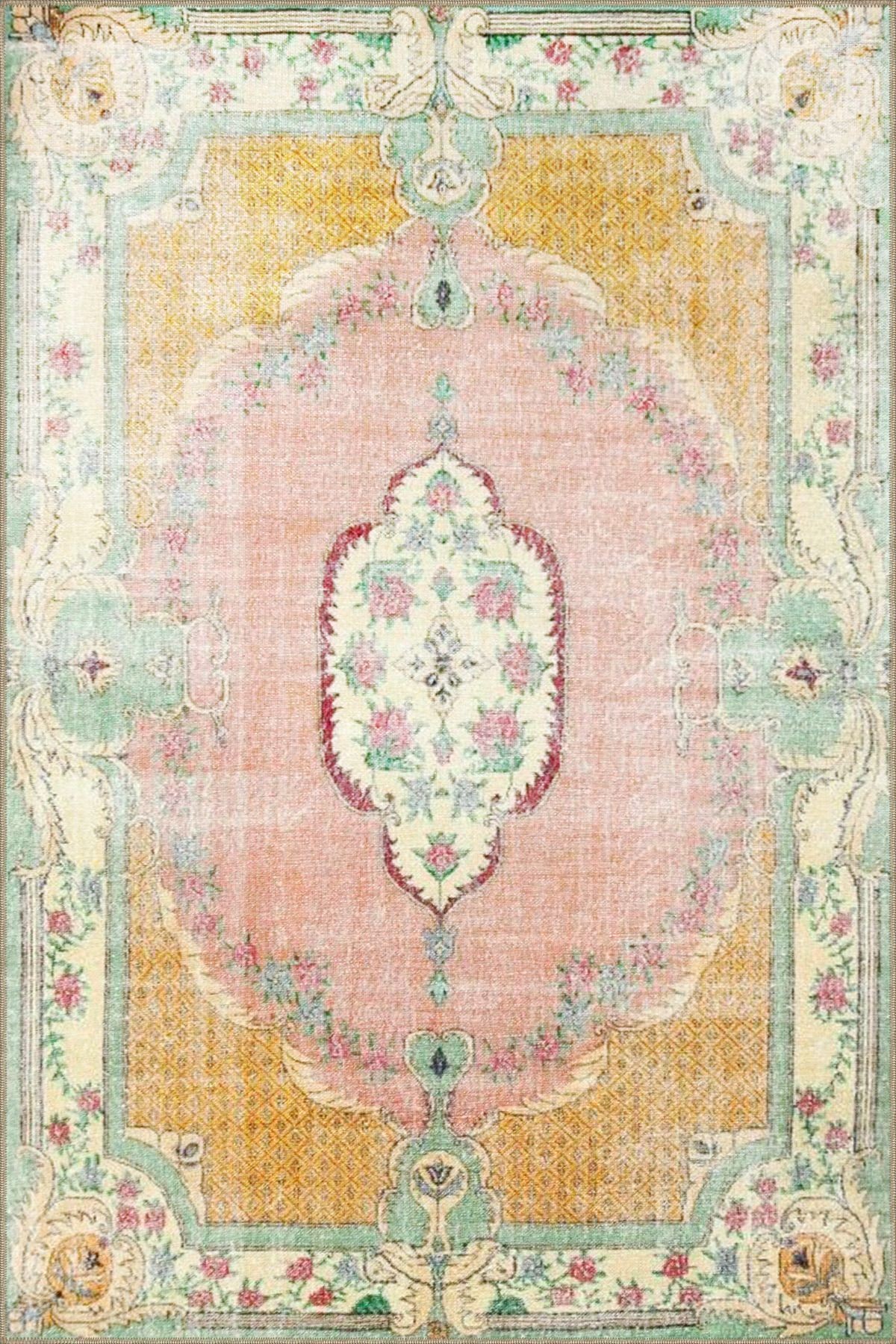 Çok Renkli Geleneksel Motif Çiçek Desenli Vintage Dekoratif Halı 3347