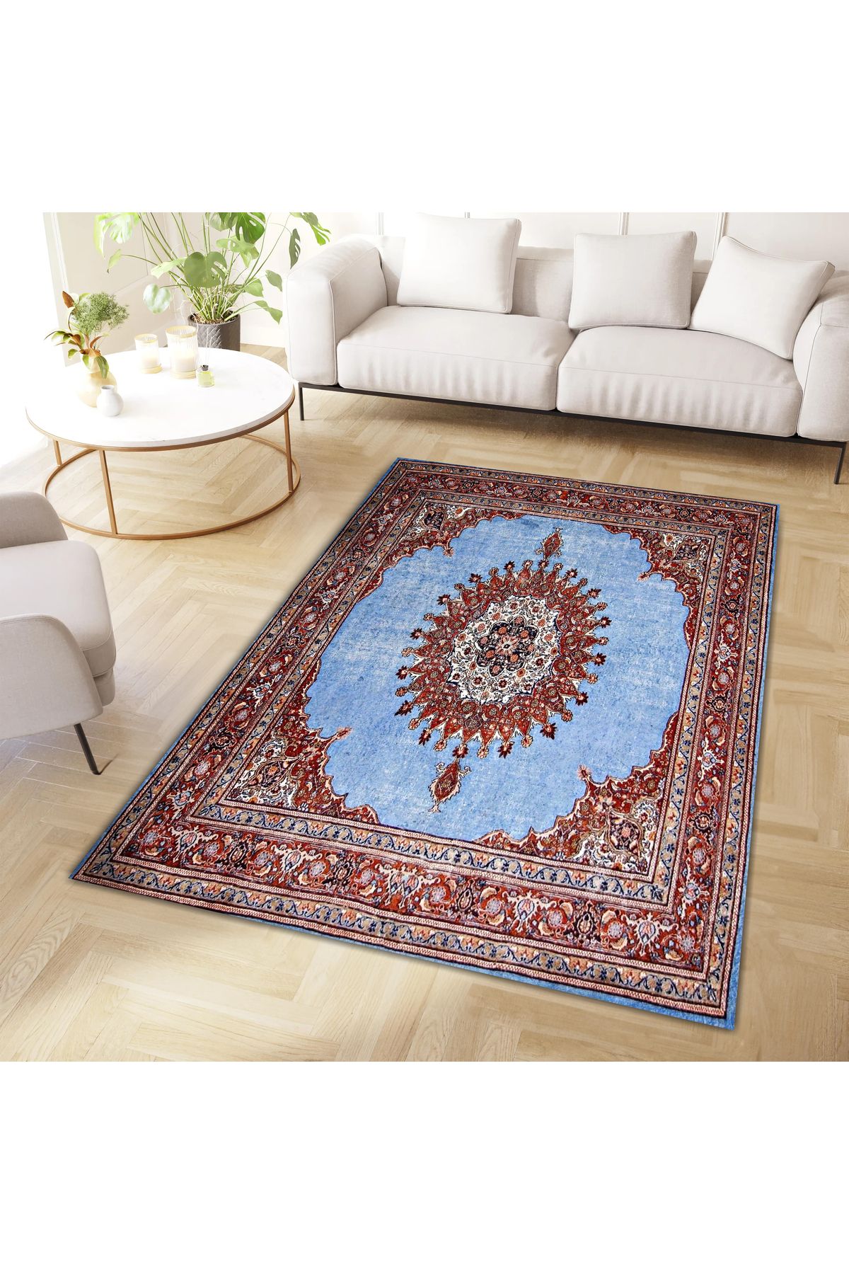 Asena Koleksiyonu Mavi Tema Bohem ve Geleneksel Motifli Desenli Vintage Dekoratif Halı 11