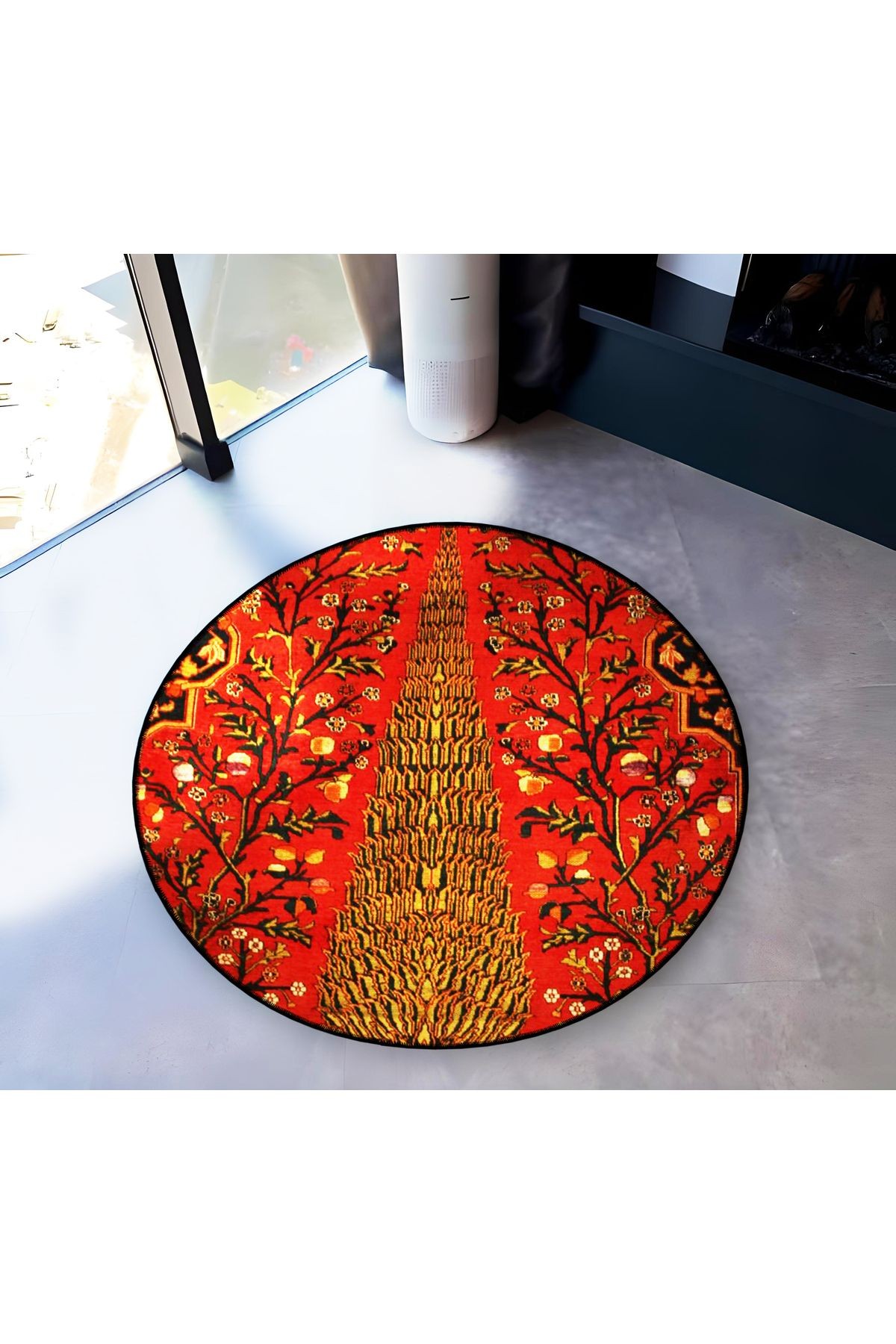 Kırmızı Temalı Çiçek Motifleri Desenli Yuvarlak Dokuma Taban Vintage Dekoratif Halı 6168