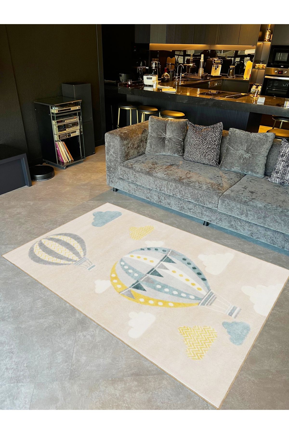 Seda Koleksiyonu Pastel Mavi Tonlarda Uçan BalonDesenli Dokuma Taban Modern Dekoratif Halı seda45