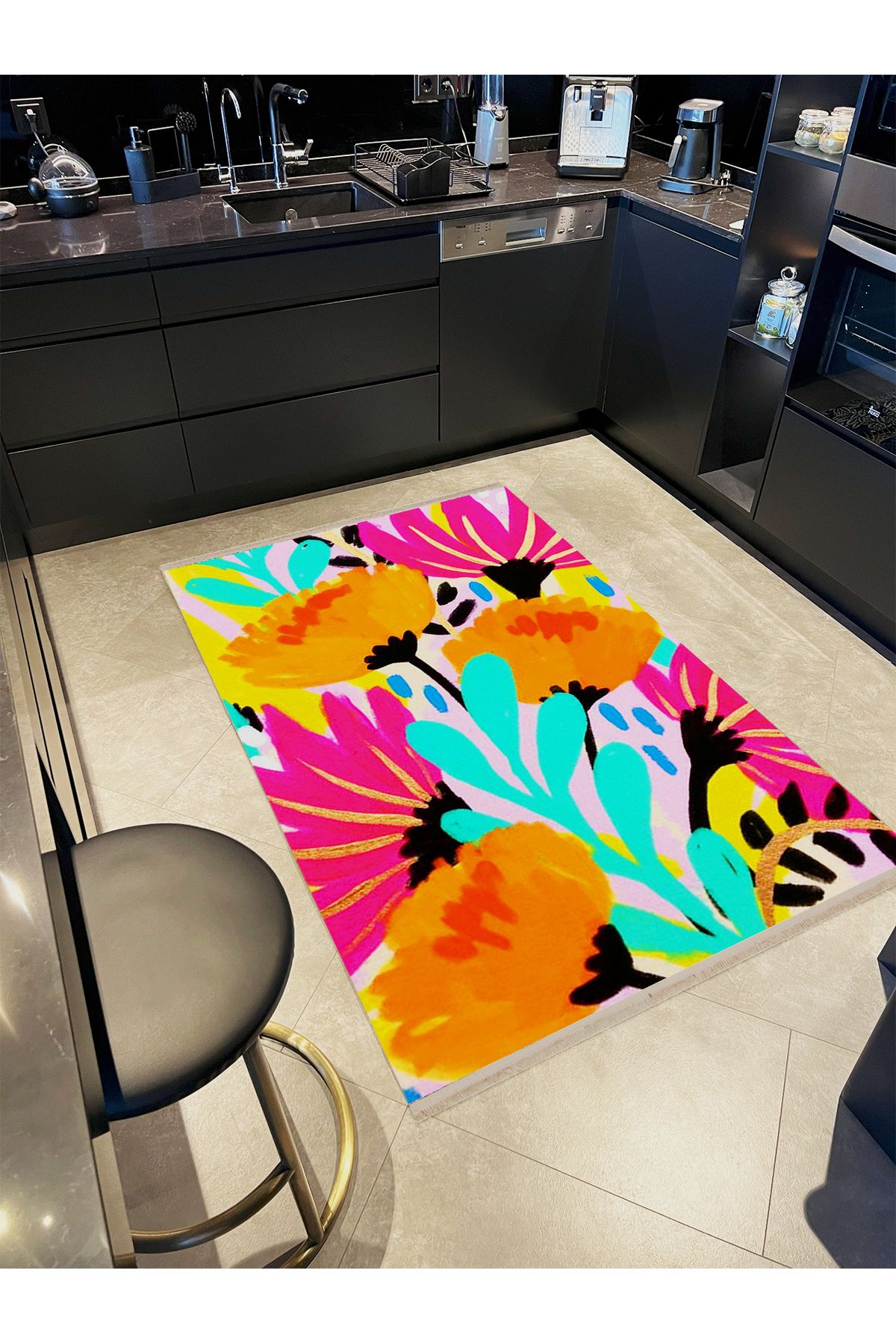 Özge Koleksiyonu Çok Renkli Çiçekler  Desenli Dokuma Taban Modern Dekoratif Halı özge49