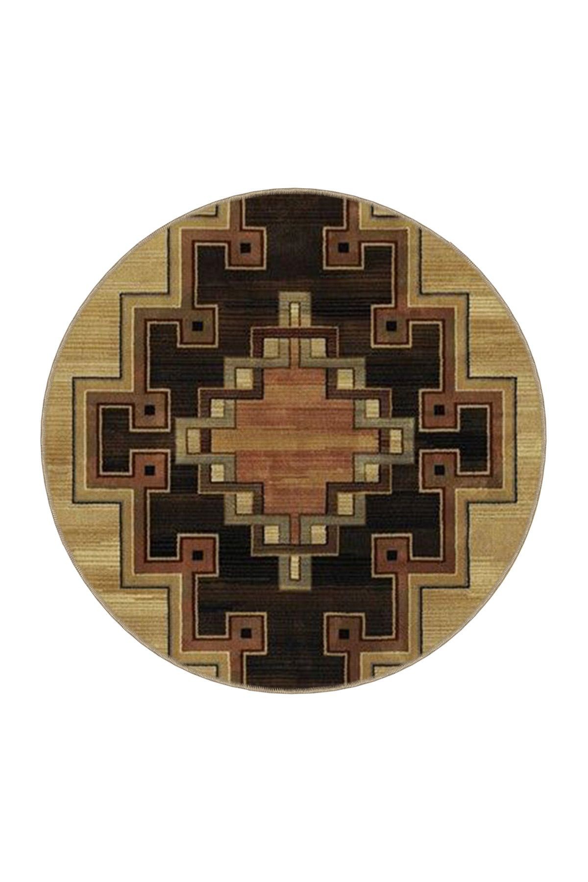 Bej Kahverengi Temalı Motifli Etnik Geometrik Desenli Vintage Dekoratif Halı 3532