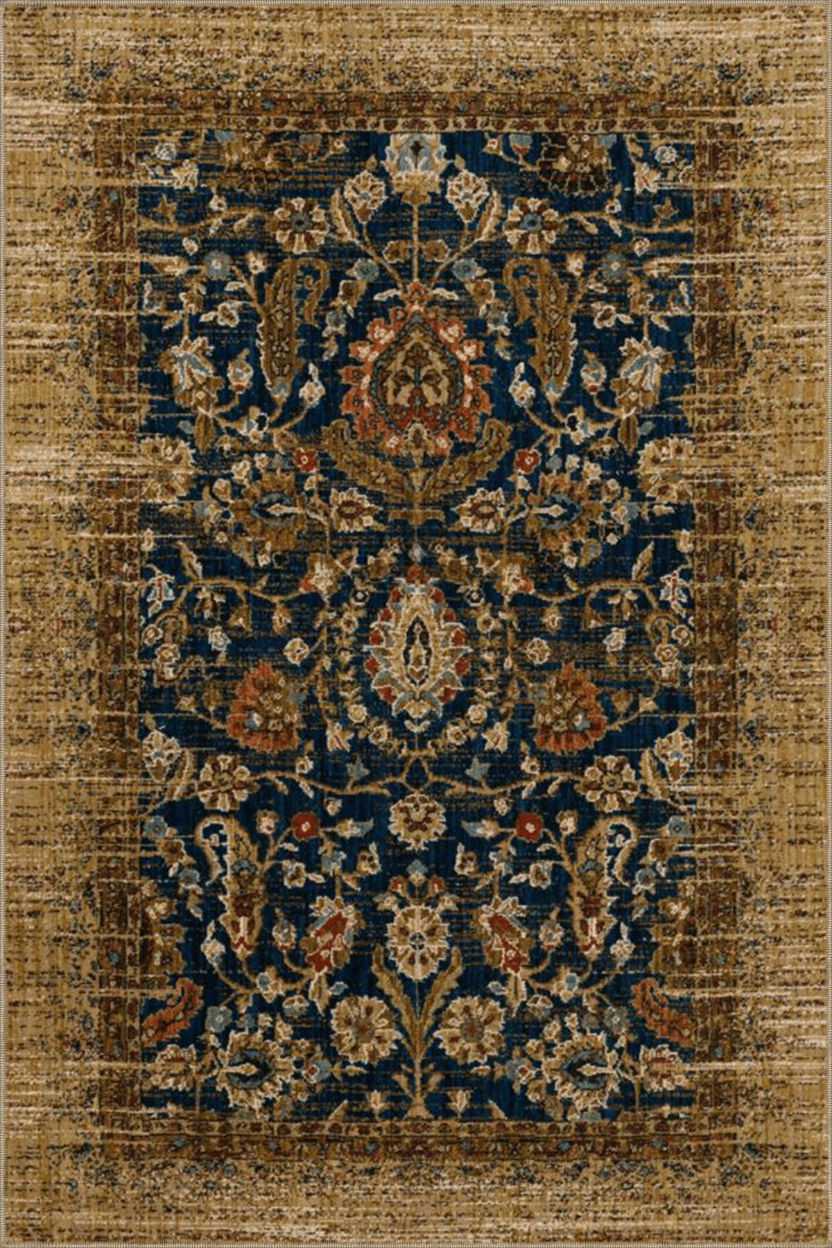 Lacivert Temalı Geleneksel Motif Çiçek Desenli Vintage Dekoratif Halı 4571