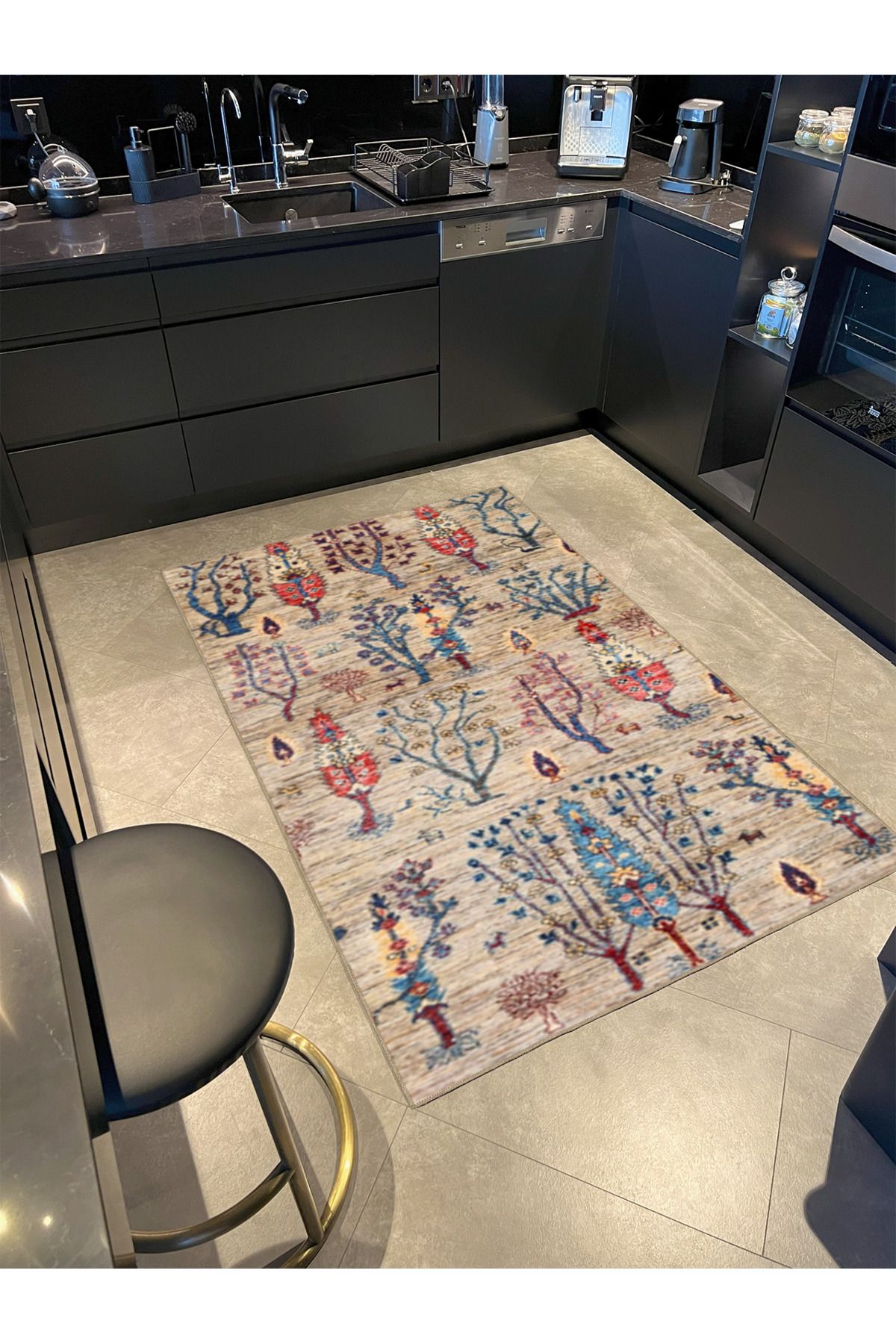 Krem Orman Çiçekli Baklavalı Desenli Dokuma Taban Halı ve Yıkanabilir Halı aloha86