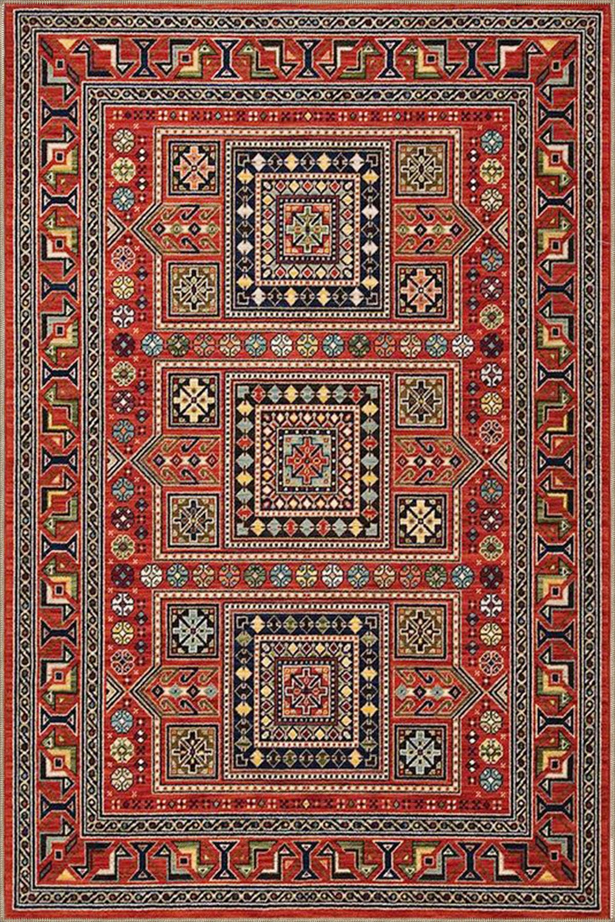 Kırmızı Temalı Çok Renkli Motifli Etnik Figür Desenli Vintage Dekoratif Halı 4562