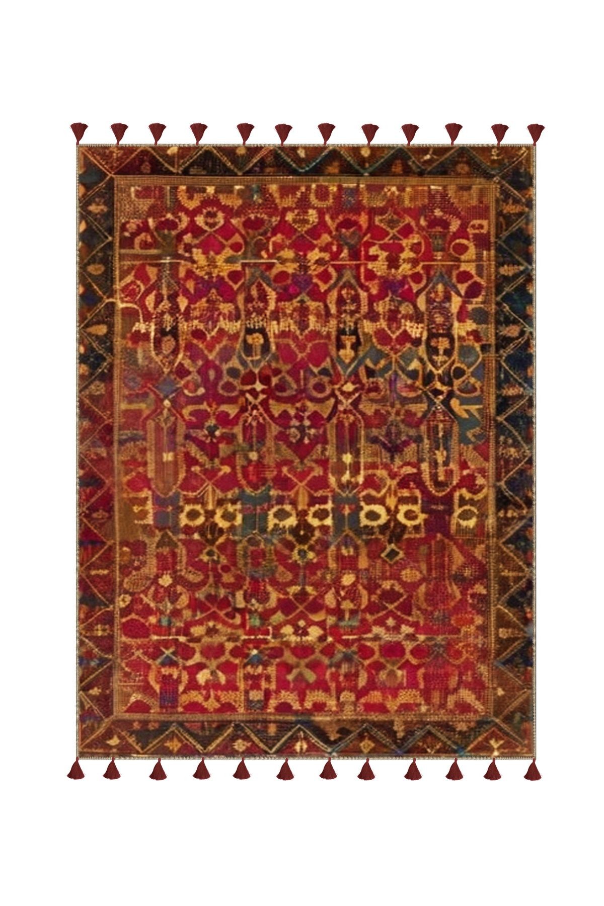 Royal Antik Şekil Figürleri Desenli Püskül Detaylı Dokuma Taban Dekoratif Halı royal41