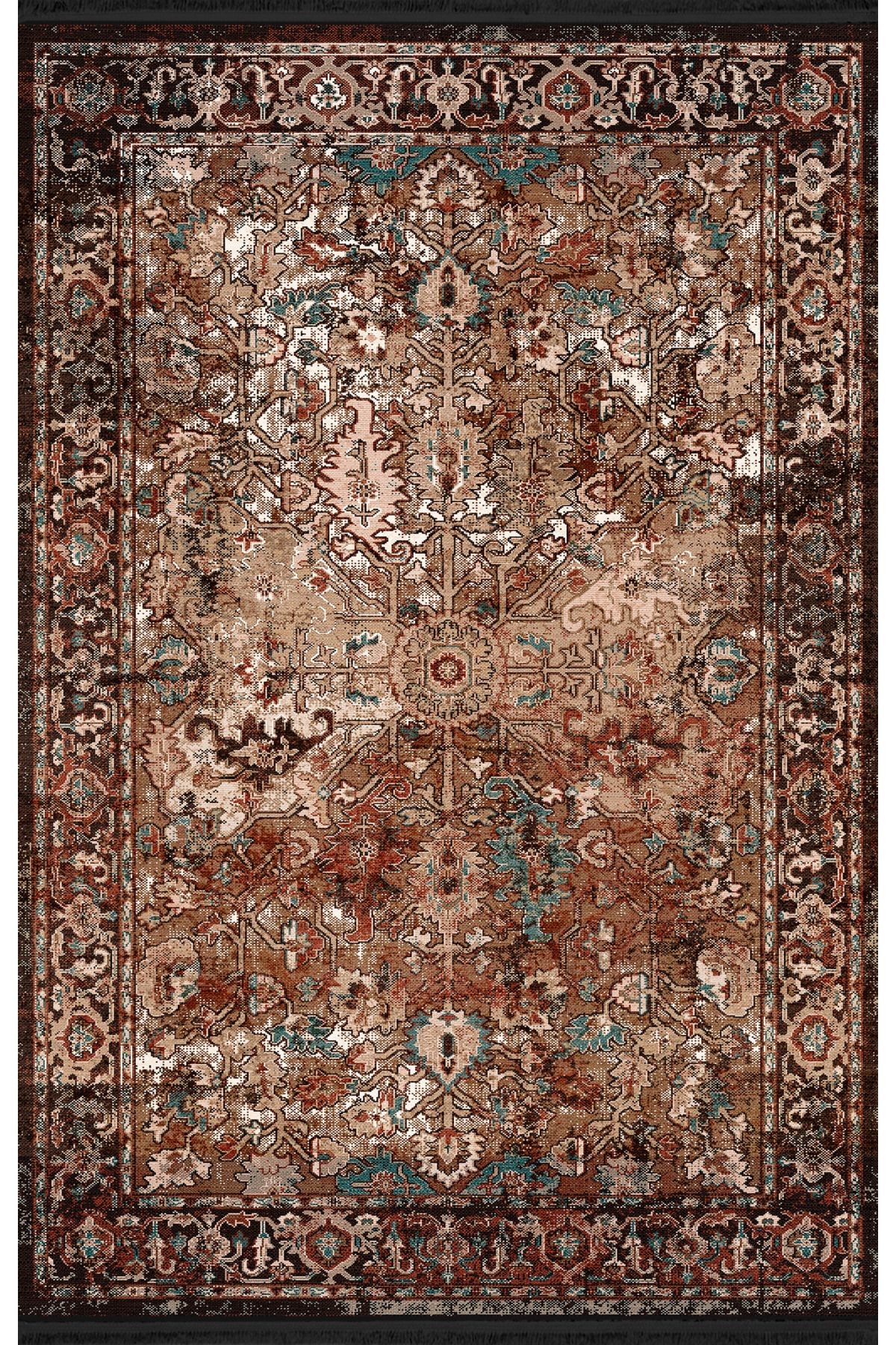Mira Bej Ton Koyu Tema Çok Renkli Geleneksel Motif Etnik Desenli Vintage Dekoratif Halı Mira 1587