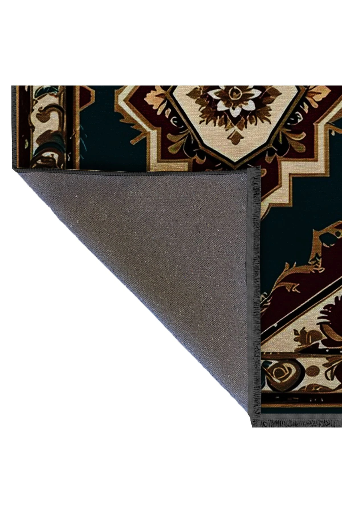 Yeşil Antik Tasarım Serisi Bordo ve Bej Detaylı Desenli Vintage Dekoratif Halı antik27