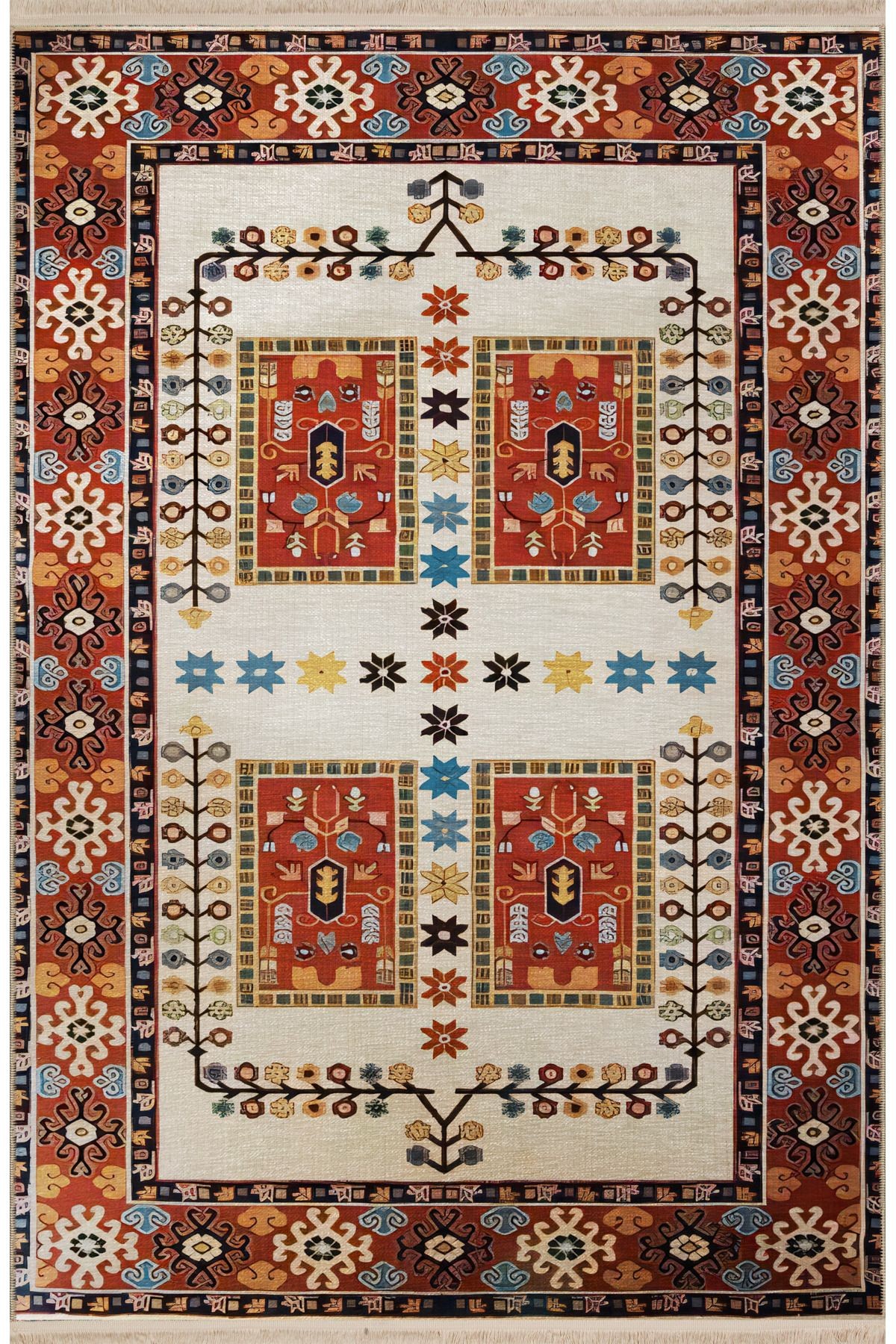 Turuncu Bej Temalı Çok Renkli Geleneksel Motif Desenli Vintage Dekoratif Halı 2439
