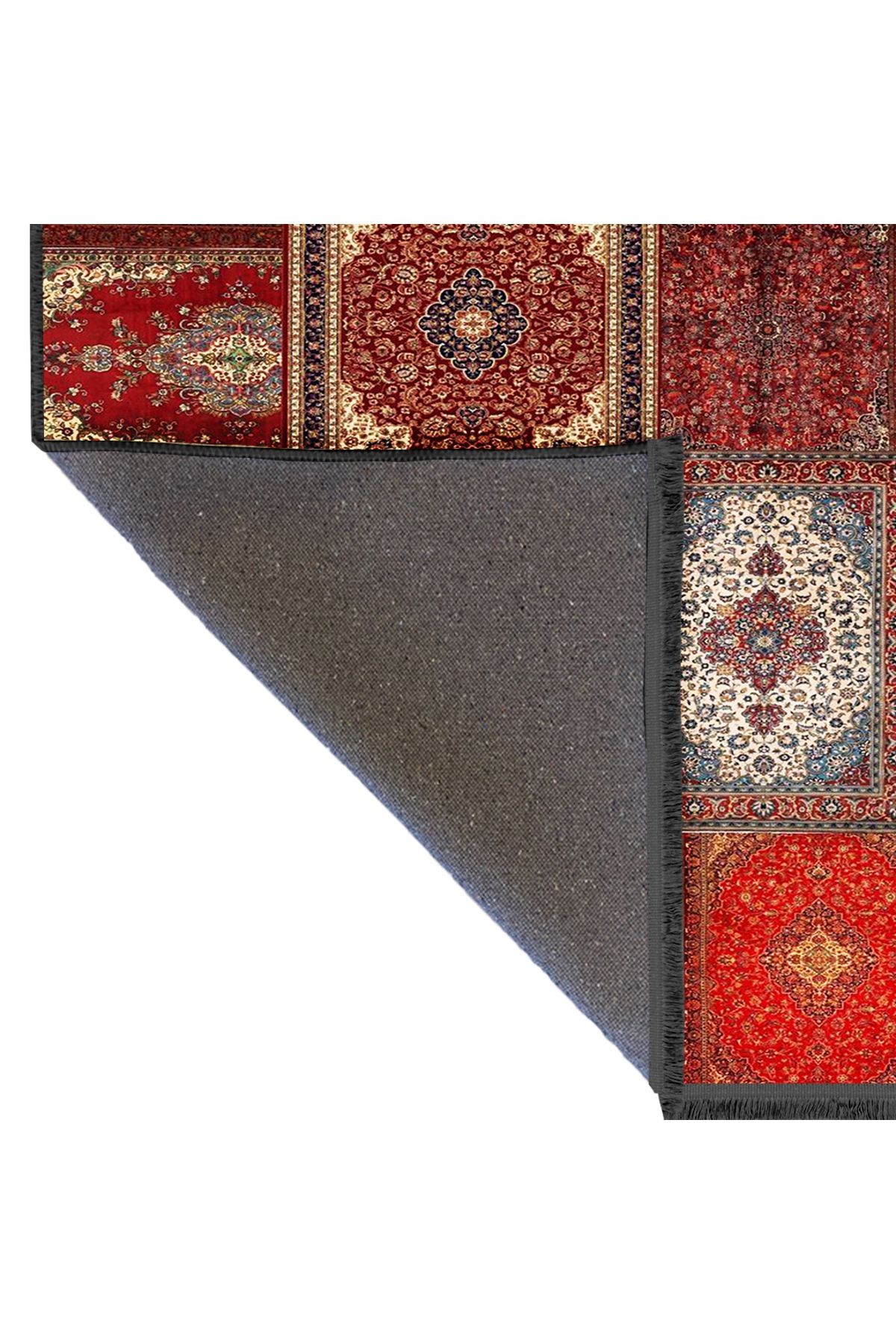 Kuvars Koleksiyonu Kırmızı Vintage Motifler Desenli Dokuma Taban Etnik Dekoratif Halı Kuvars23