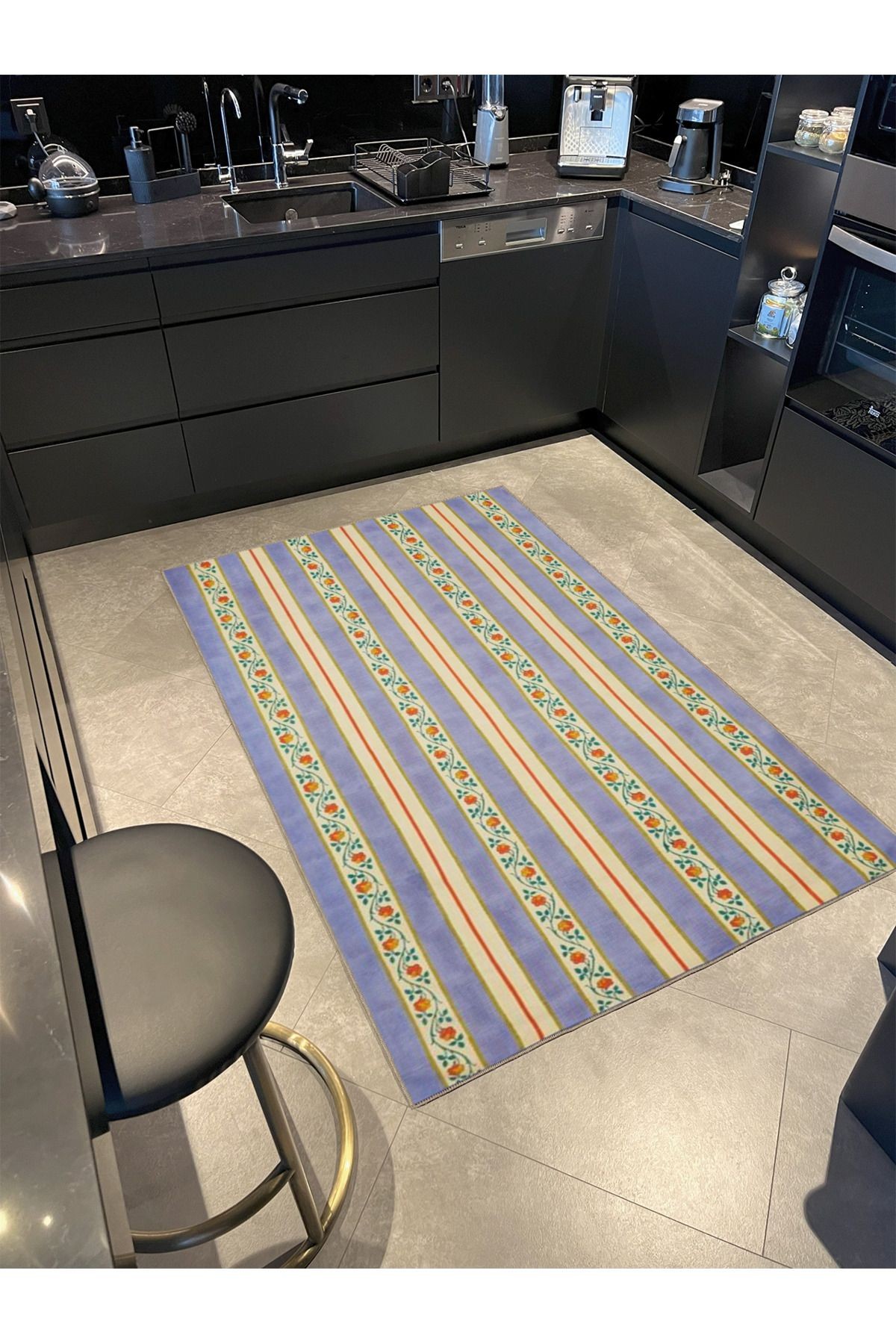 Gri Sarı Dik Çizgili Çiçek Motifli Desenli Yıkanabilir Dokuma Taban Halı miravip1058
