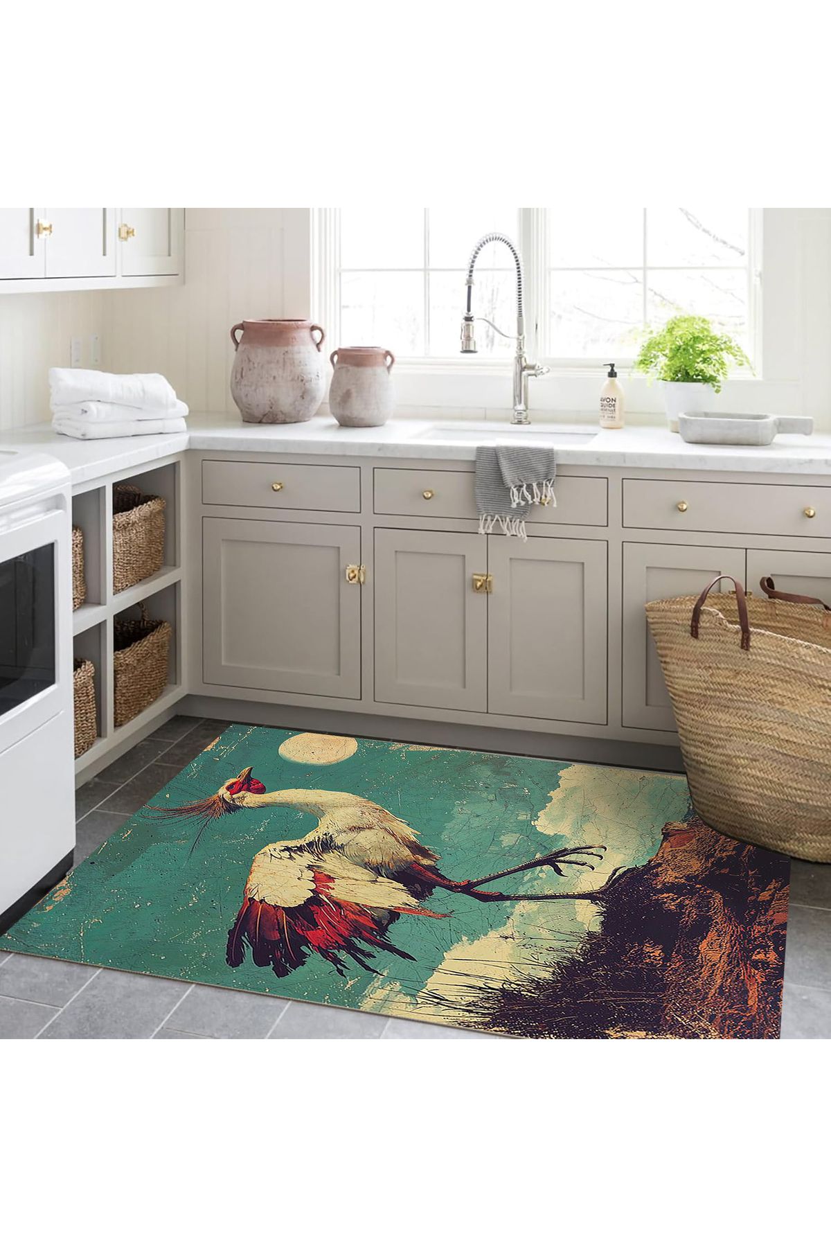 Güneş Koleksiyonu Eskitme Görünümlü Kuş Desenli Dokuma Taban Modern Dekoratif Halı güneş27